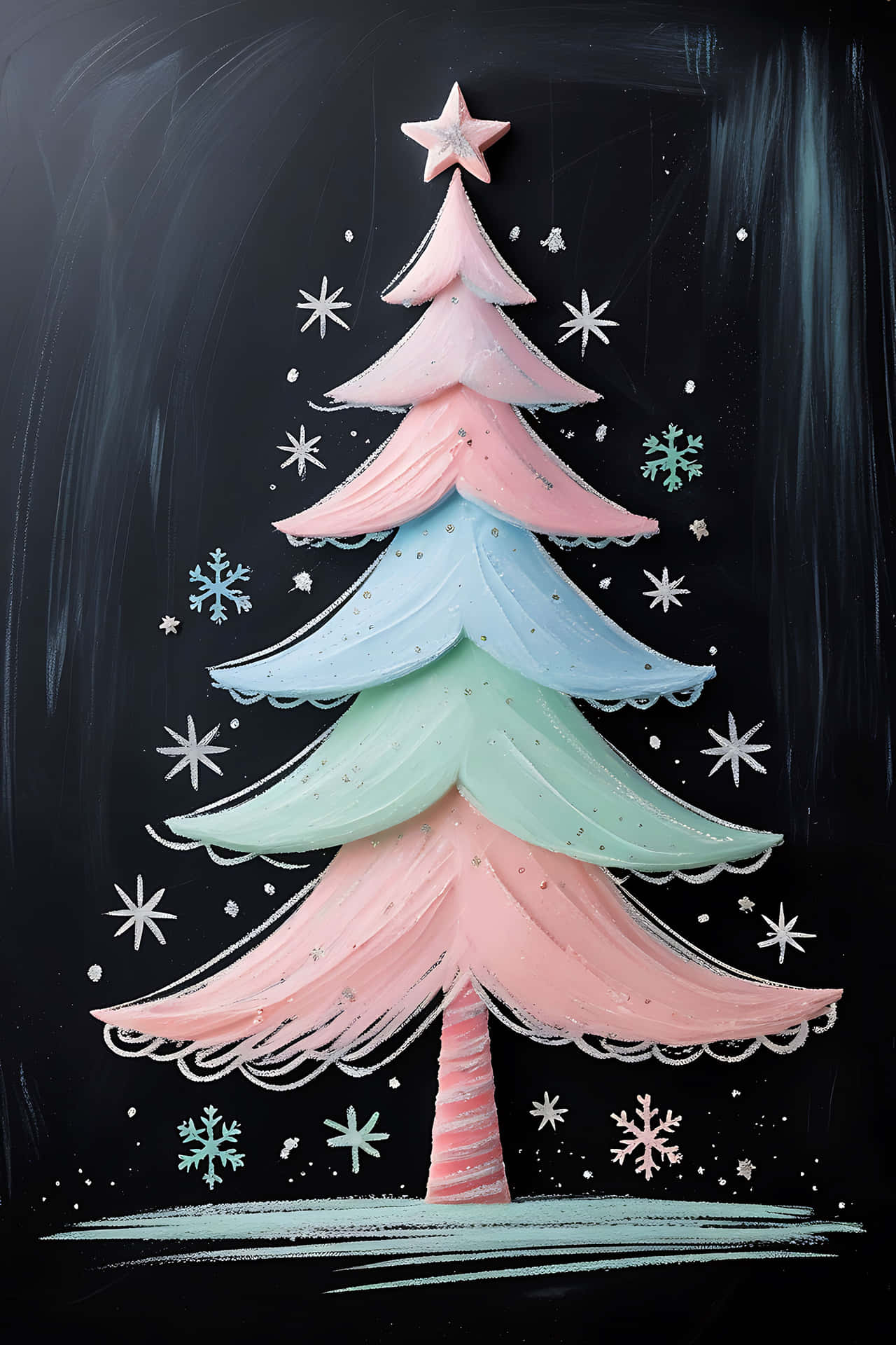 Pastel christmas tree on chalkboard 壁紙 — 粉紅、藍色和薄荷綠的粉彩聖誕樹，頂部有星星，黑板上有粉筆畫的雪花。