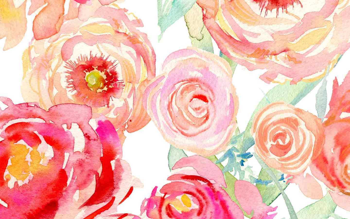 Watercolor 桌布 壁紙 — 粉紅、蜜桃和珊瑚色的鮮豔水彩玫瑰在潔白背景上綻放，伴隨著柔軟的綠葉。
