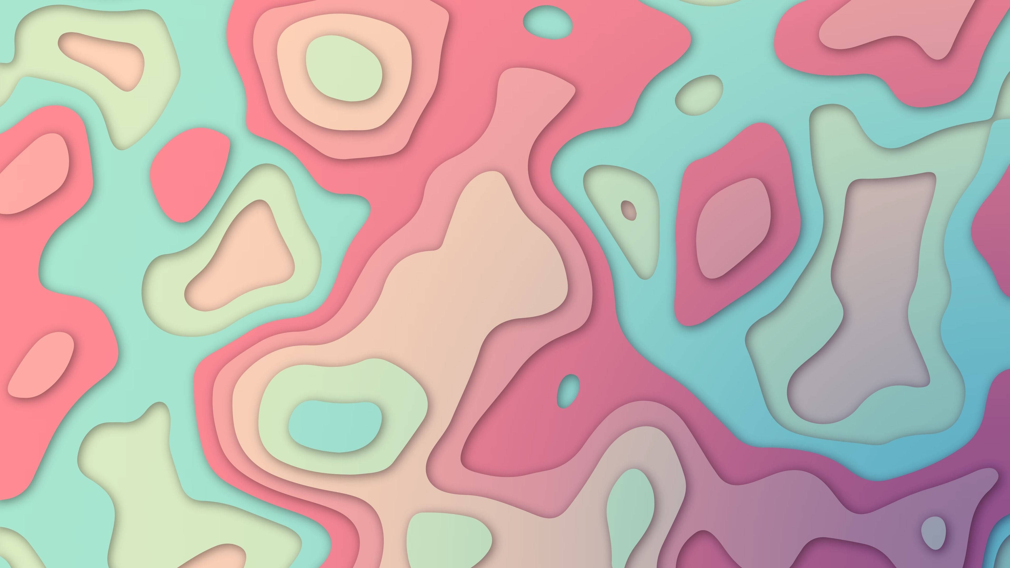 Pastel Abstract 桌布 壁紙 — 粉紅、青綠和薰衣草色的柔和粉彩紙雕層次，營造出流暢的抽象地形設計。
