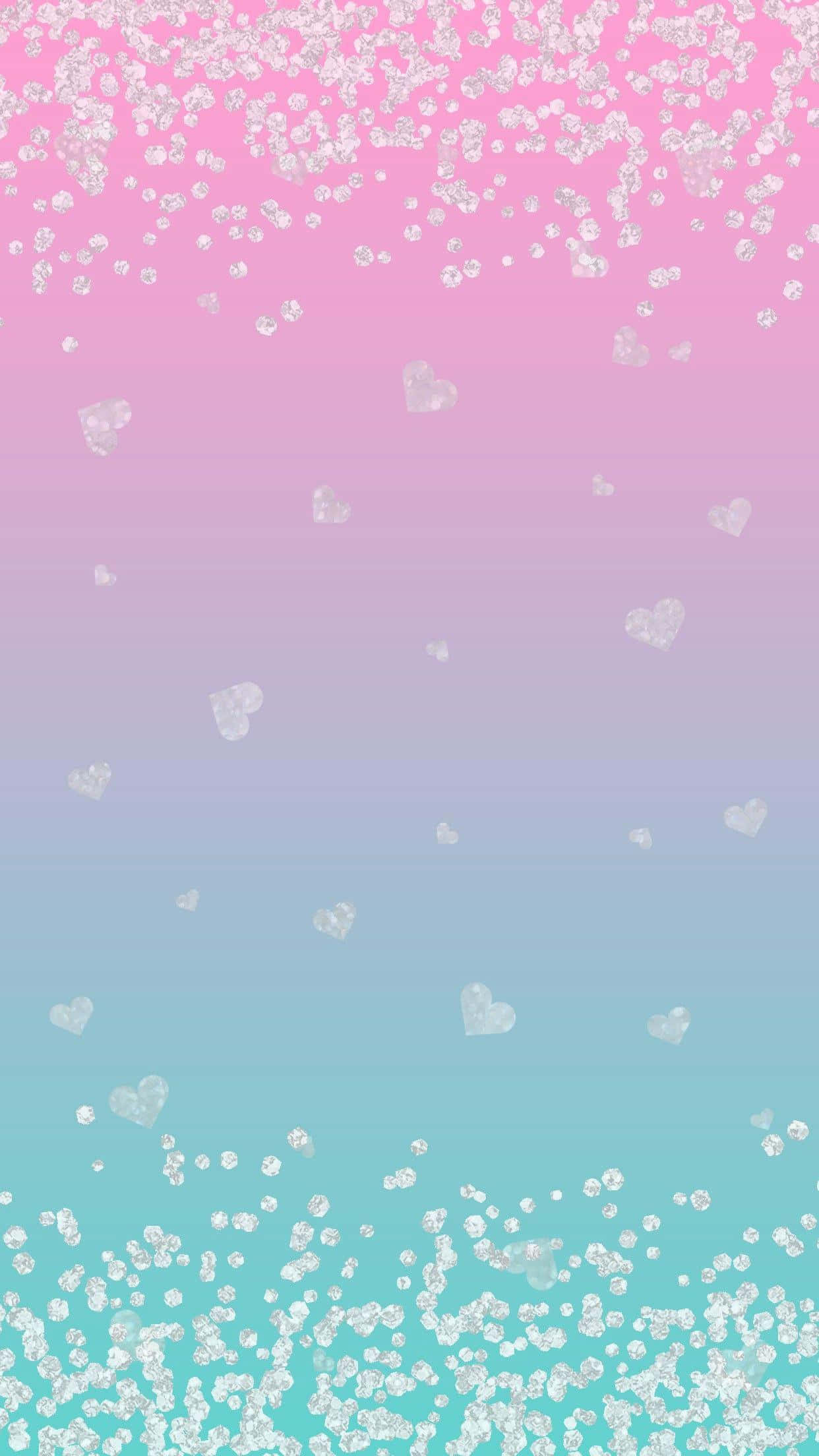 Cute Phone 桌布 壁紙 — 粉紅到藍色的漸變背景，點綴著閃閃發光的亮片和散落的白色愛心。