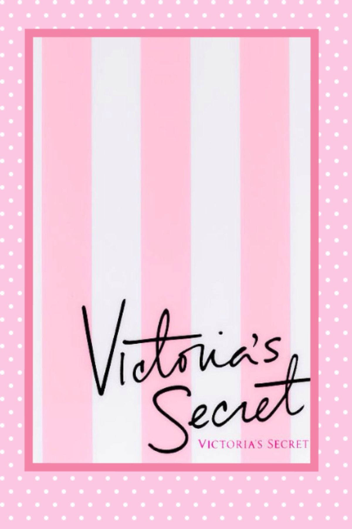 victoria 桌布 壁紙 — 粉紅和白色垂直條紋框住維多利亞的秘密標誌，以優雅的黑色字體呈現在圓點粉紅背景上。