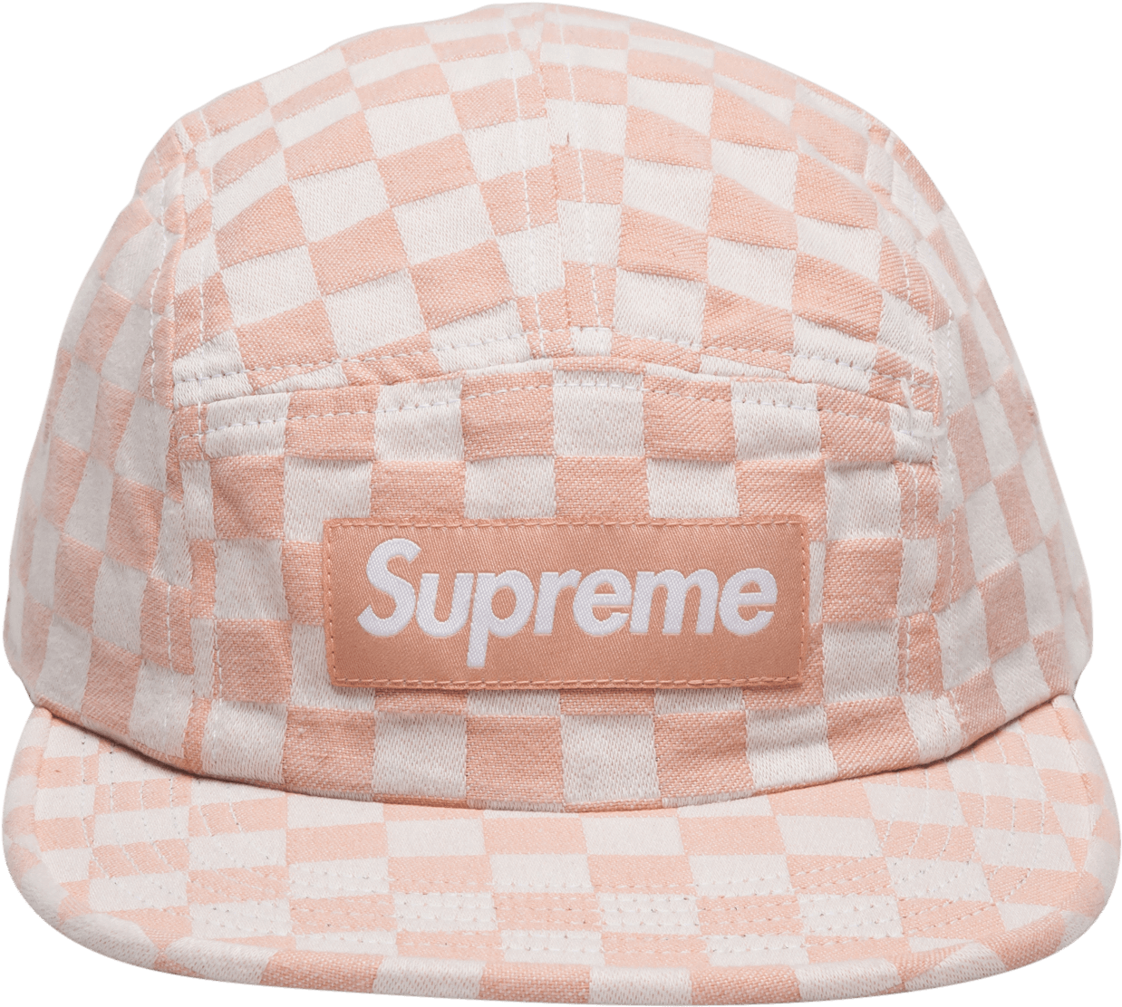 supreme 桌布 壁紙 — 粉紅和白色格紋 Supreme 品牌帽，平帽簷和縫合面板，黑色背景。