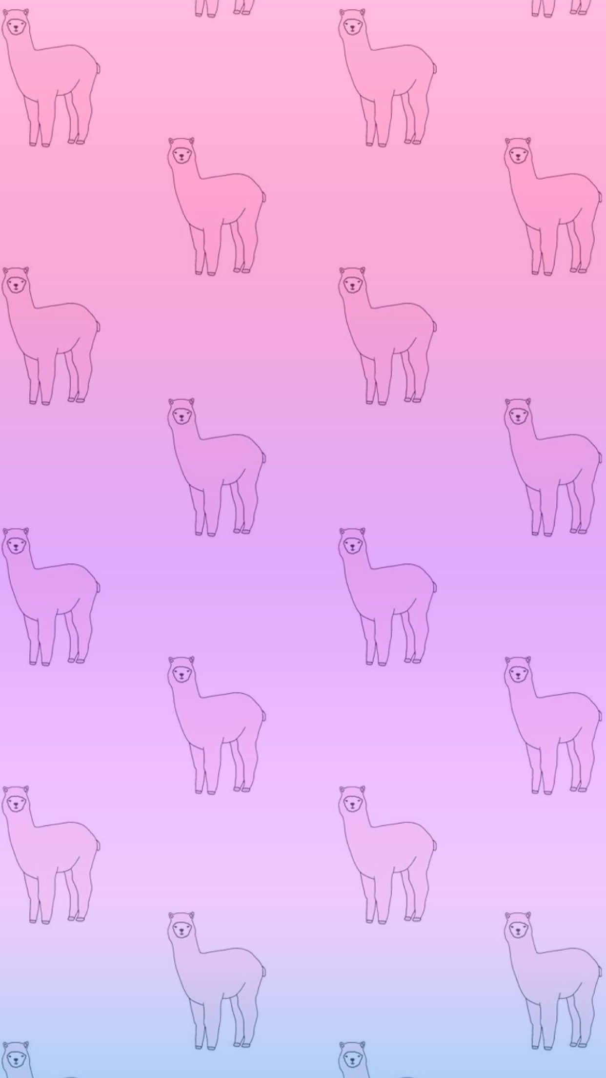 Kawaii Llama 桌布 壁紙 — 粉紅和紫色漸層壁紙，帶有重複的簡約羊駝輪廓，採用柔和粉彩色調。