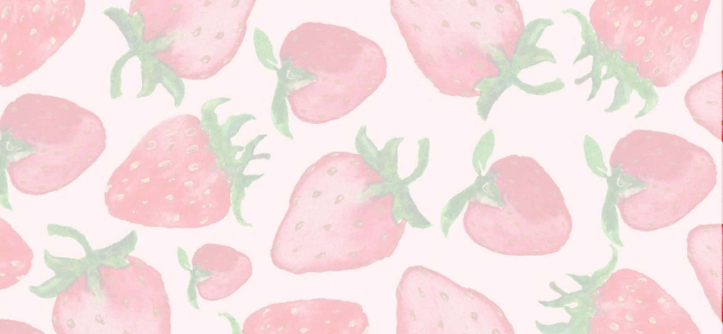 2340x1080 桌布 壁紙 — 粉紅和綠色的柔和水彩草莓輕輕漂浮在淡色背景上。