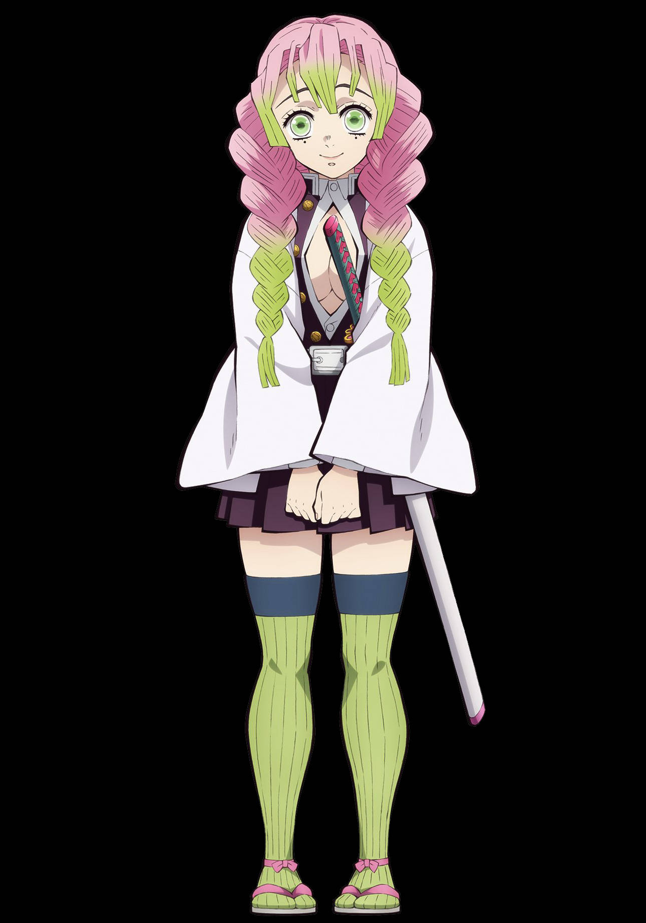 Mitsuri Kanroji 桌布 壁紙 — 粉紅和綠色辮子頭髮的動漫女孩穿著白色和服，在黑色背景前持劍。