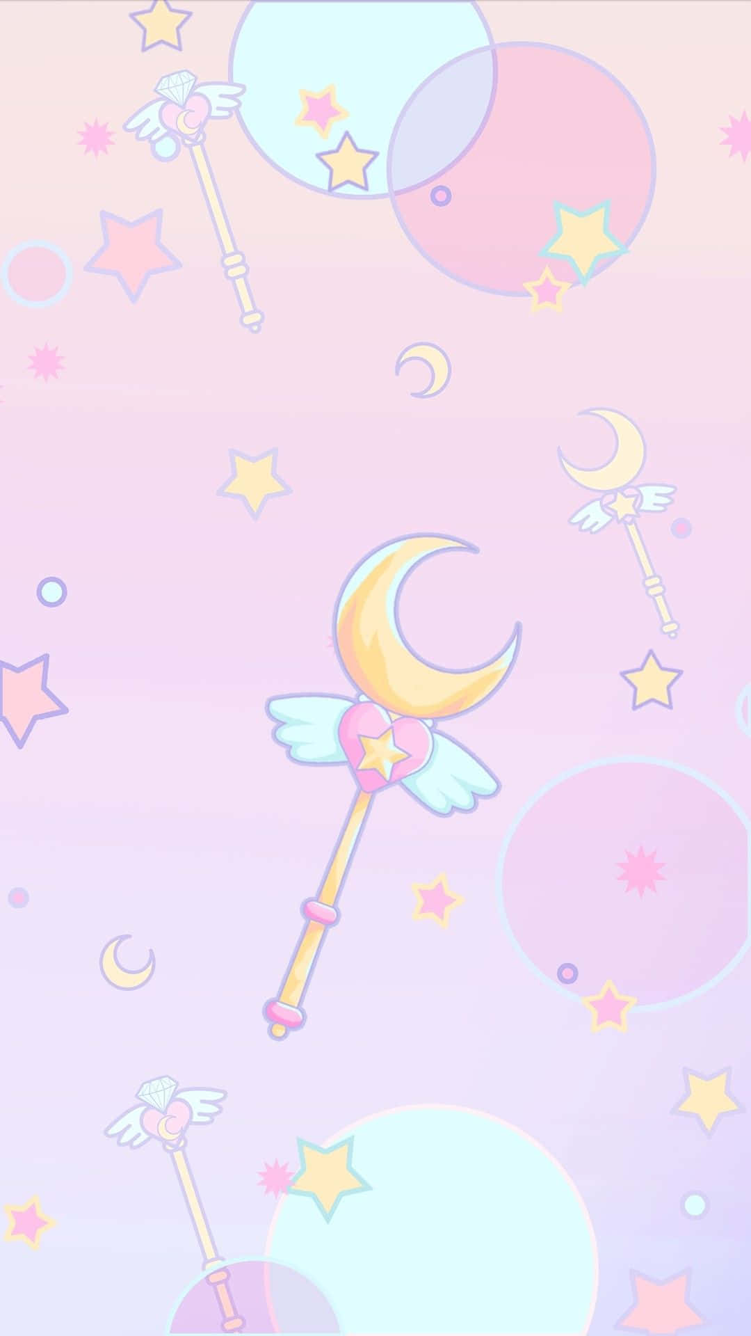 Sailor Moon Pattern 桌布 壁紙 — 粉紅和藍色漸變背景，漂浮著魔法棒、星星和彎月，以可愛的動漫風格呈現。