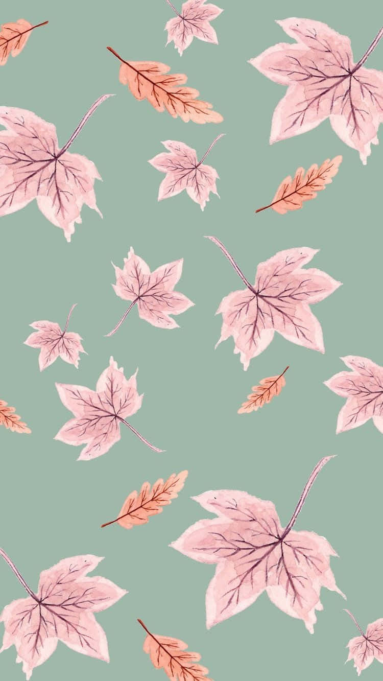 Watercolor 桌布 壁紙 — 粉紅和蜜桃色的秋葉在柔和的薄荷綠背景上以精緻的水彩圖案輕輕飄浮。