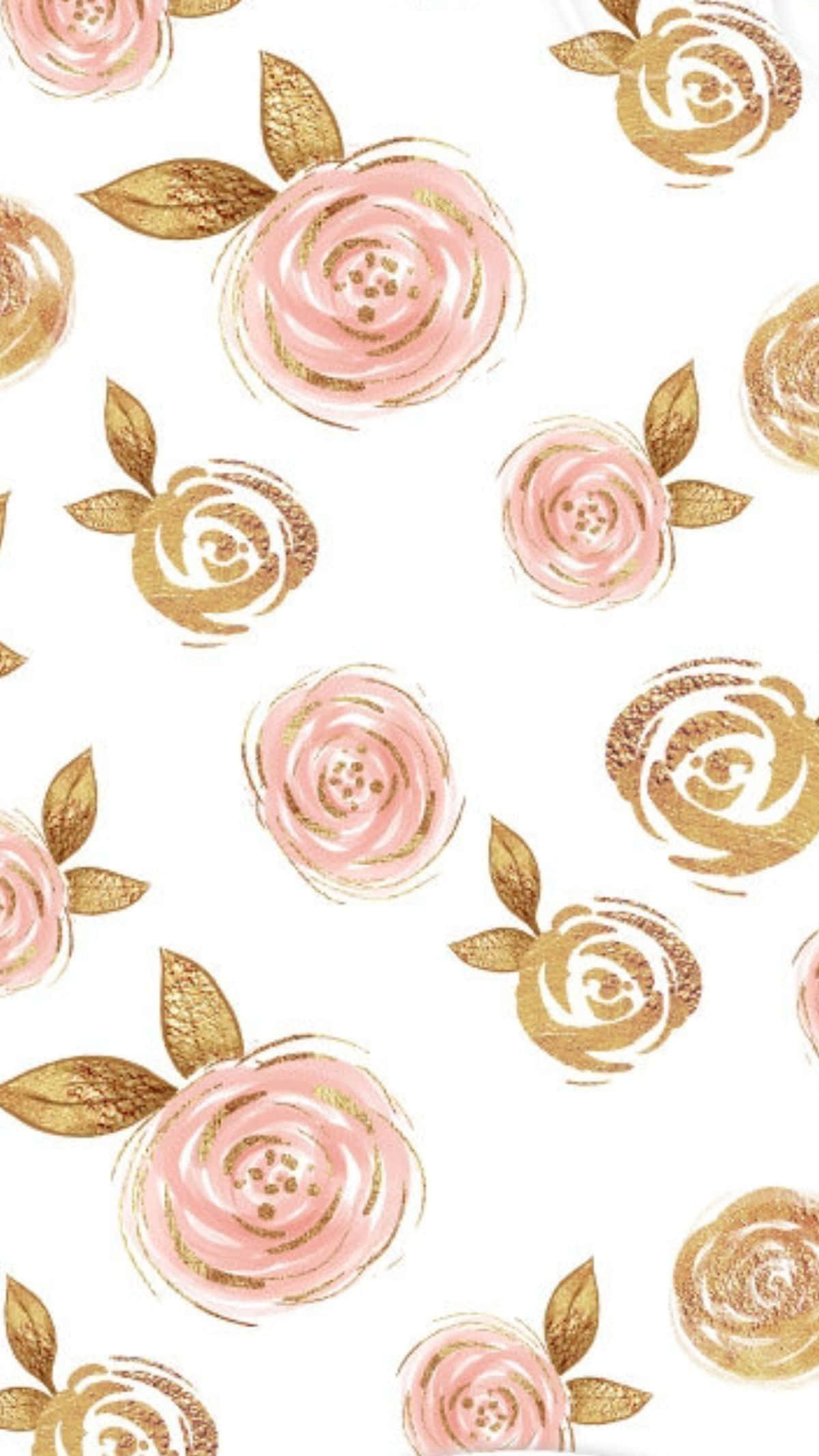Rose Flower 桌布 壁紙 — 粉紅和金色的玫瑰帶有紋理筆觸，漂浮在潔白背景上，形成重複的花卉圖案。