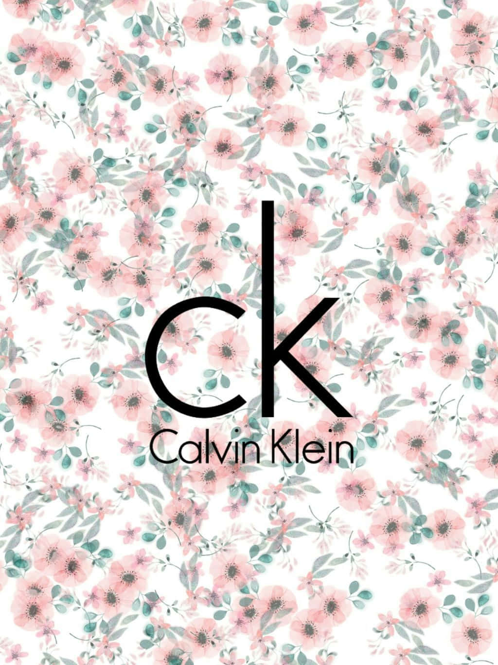 卡文克萊 桌布 壁紙 — 粉紅和青綠花卉圖案，中央有Calvin Klein標誌，白色背景。