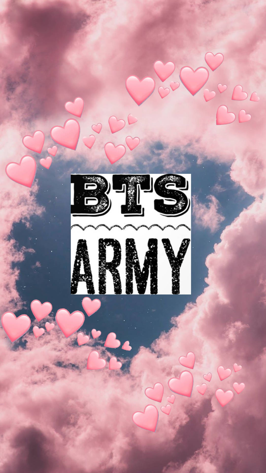 粉紅心形在 'BTS ARMY' 文字周圍漂浮於粉彩天空。