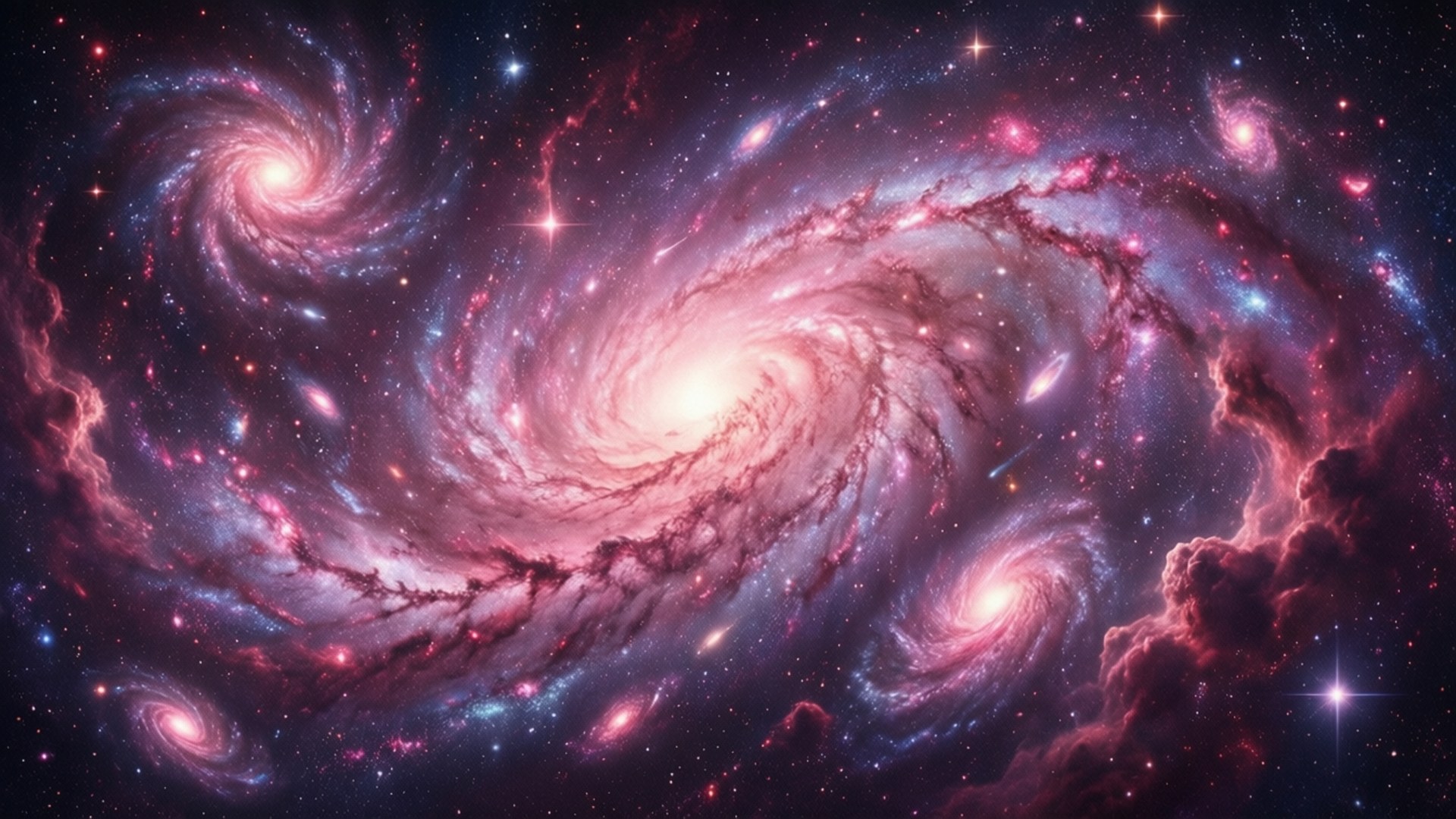 粉紅星雲銀河 壁紙 — 一個令人嘆為觀止的宇宙場景，呈現出旋轉的粉紅色和紫色星系，明亮的星星散落在黑暗的虛空中。