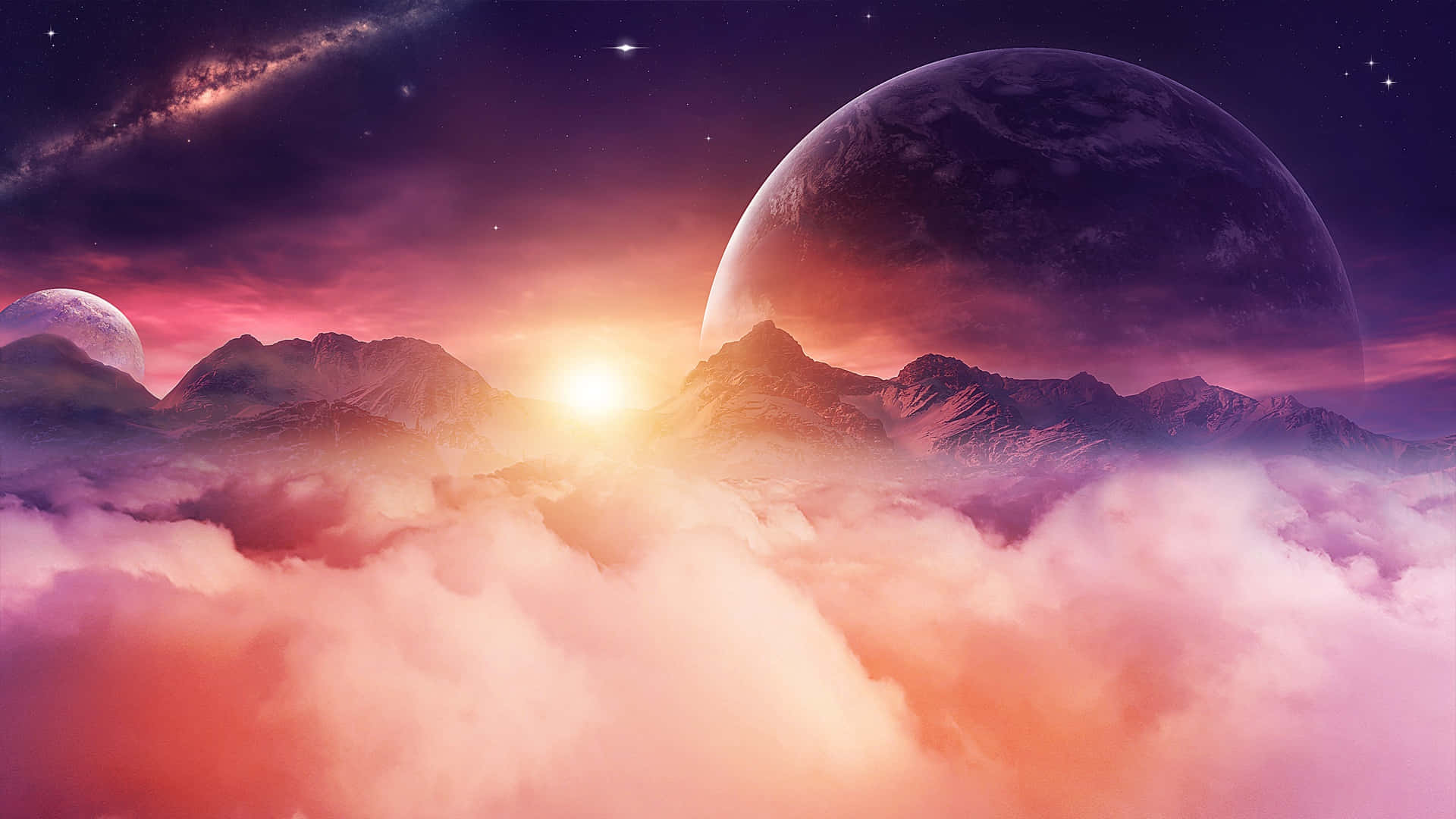 粉紅月亮行星科幻 壁紙