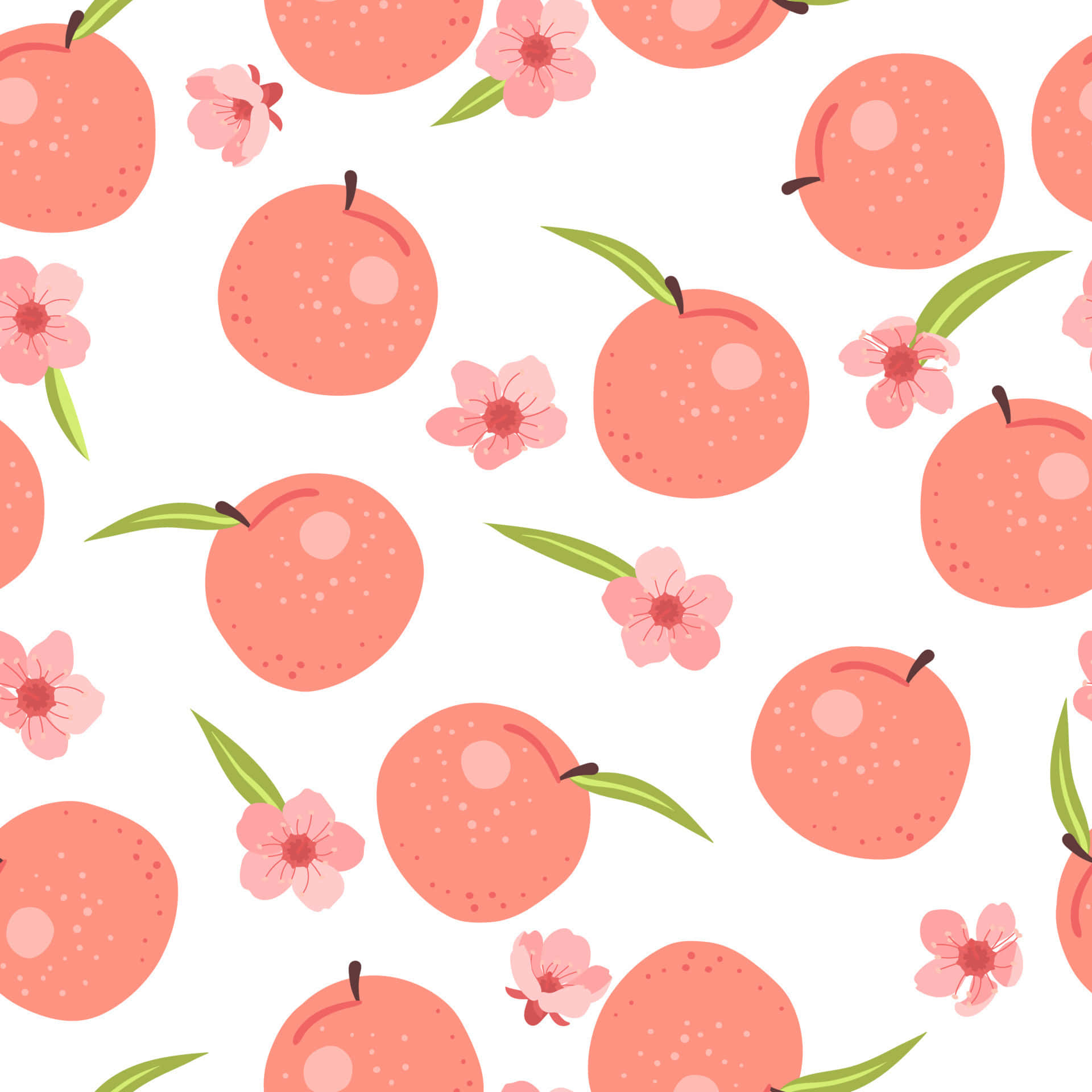 Cute Peach 桌布 壁紙 — 粉紅桃子果實和花朵在潔白背景上重複圖案，搭配柔軟綠葉。