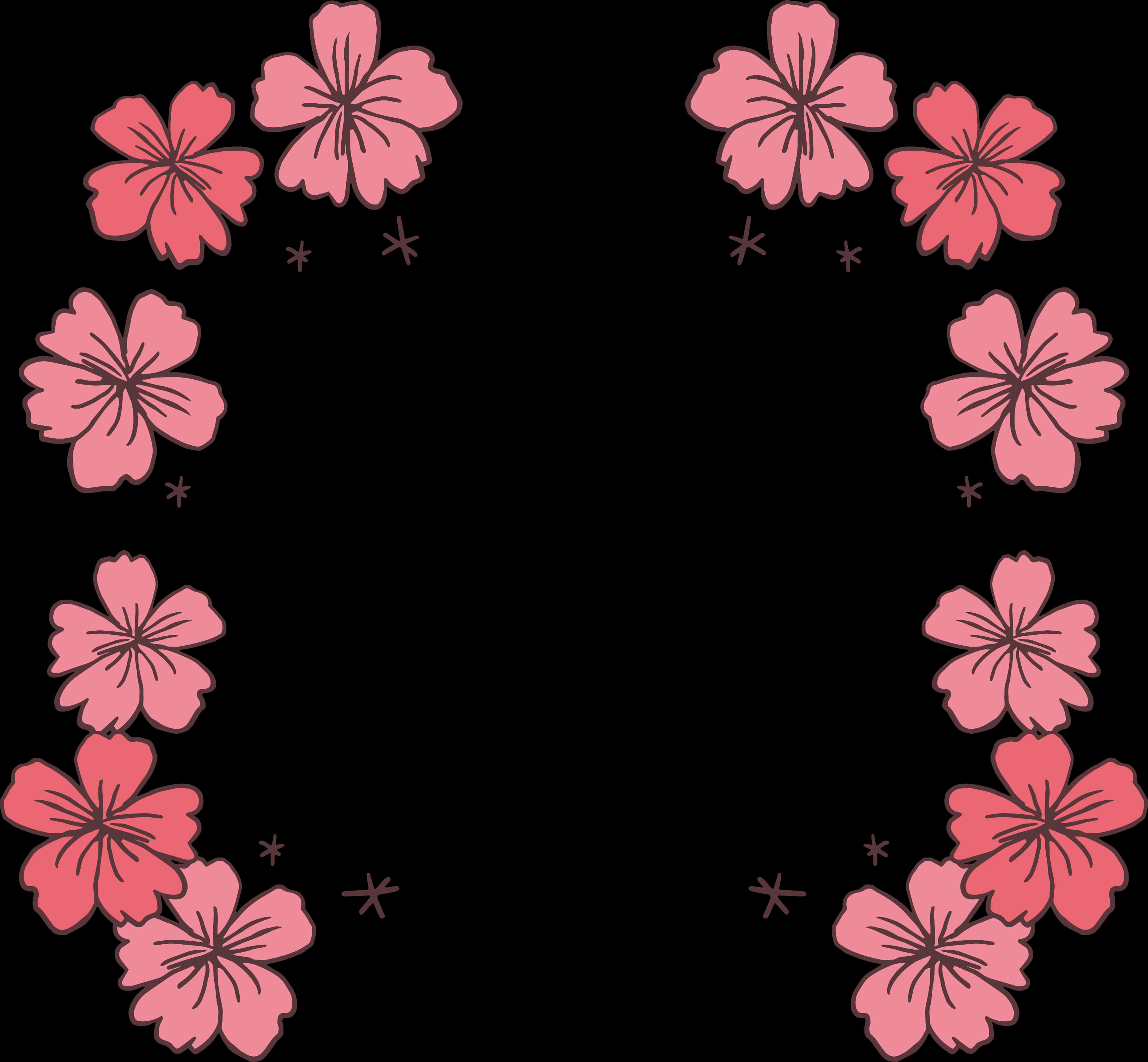 Flower Frame 桌布 壁紙 — 粉紅櫻花在帶有微妙星星點綴的純黑背景上形成裝飾邊框。