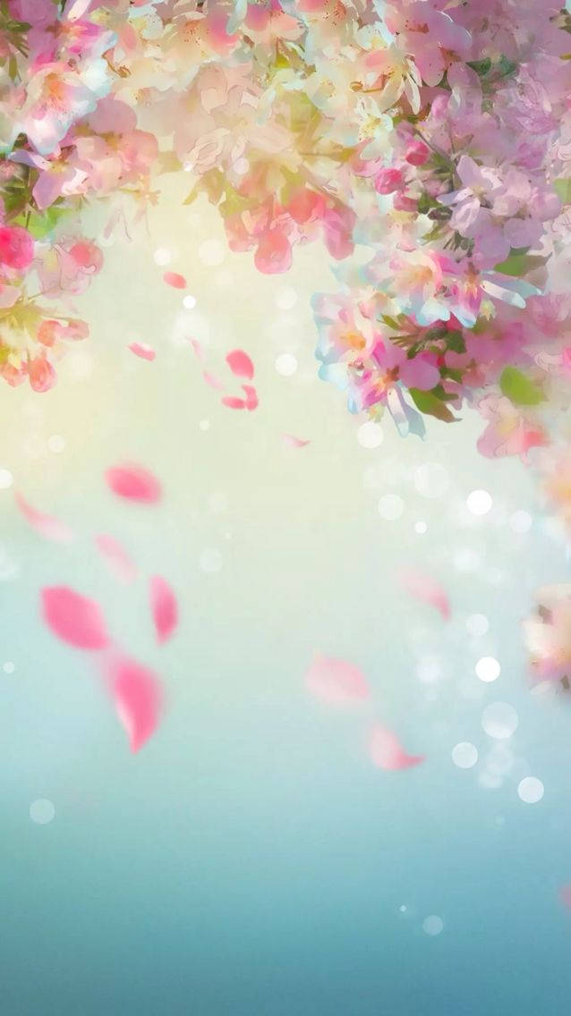 WhatsApp 聊天 桌布 壁紙 — 粉紅櫻花在柔和粉彩的天空中輕輕飄落，伴隨著飄浮的花瓣和散景燈光。