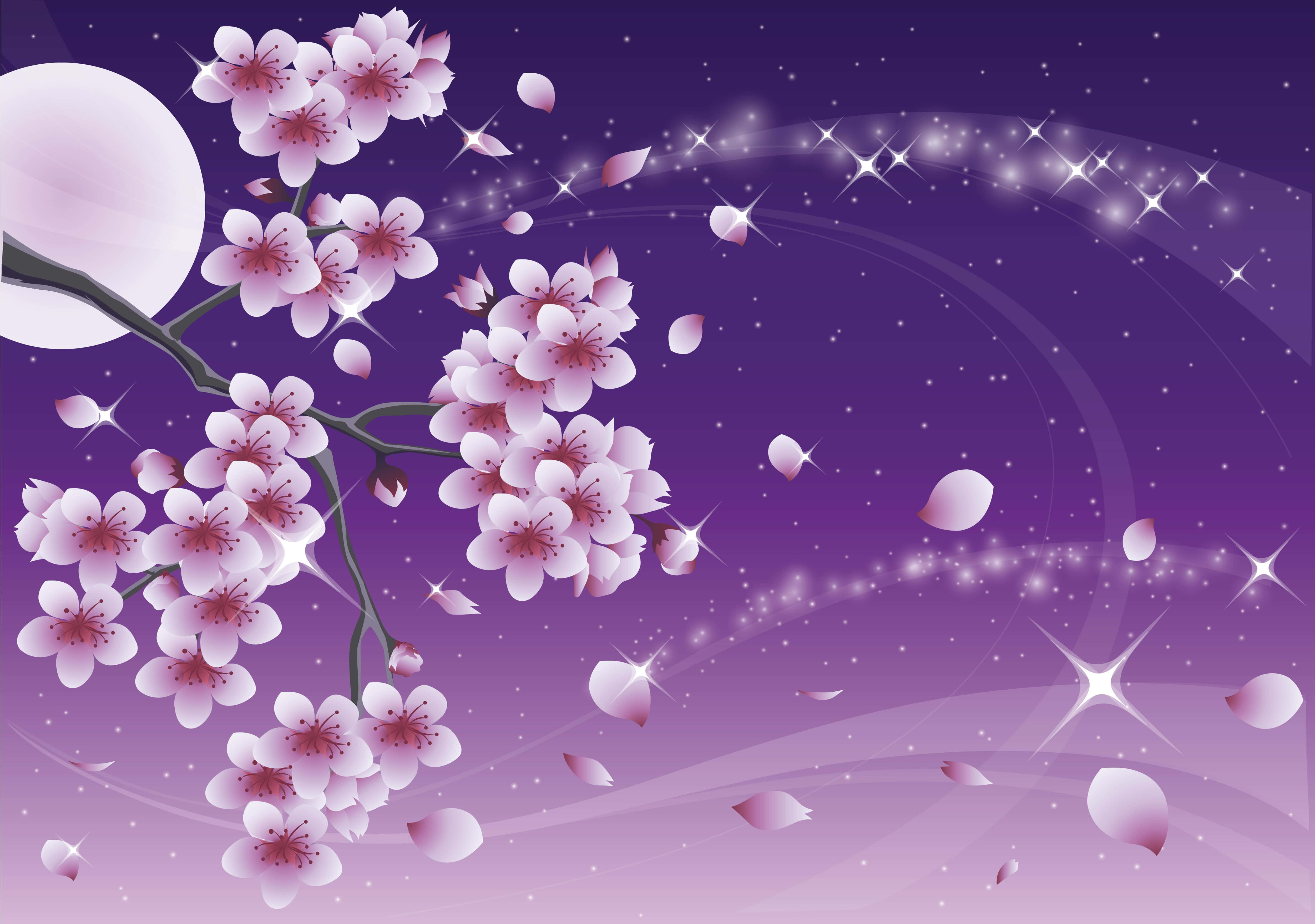 Sakura Blossom 桌布 壁紙 — 粉紅櫻花在閃爍的紫色夜空下盛開，伴隨著滿月和飄落的花瓣。