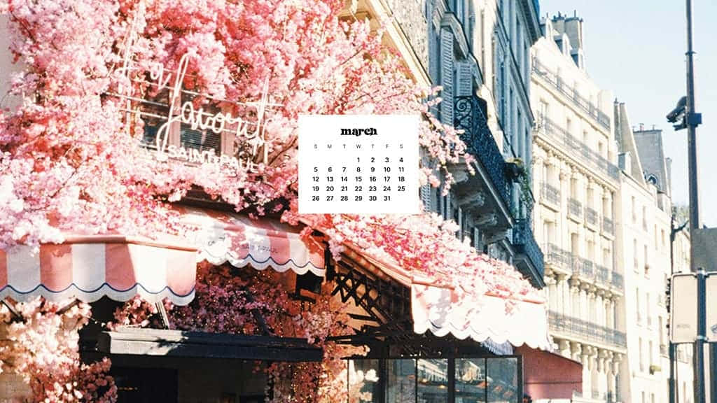 March Desktop 桌布 壁紙 — 粉紅櫻花如瀑布般垂落在巴黎咖啡館的遮陽篷上，三月日曆在經典歐洲建築背景下展示。