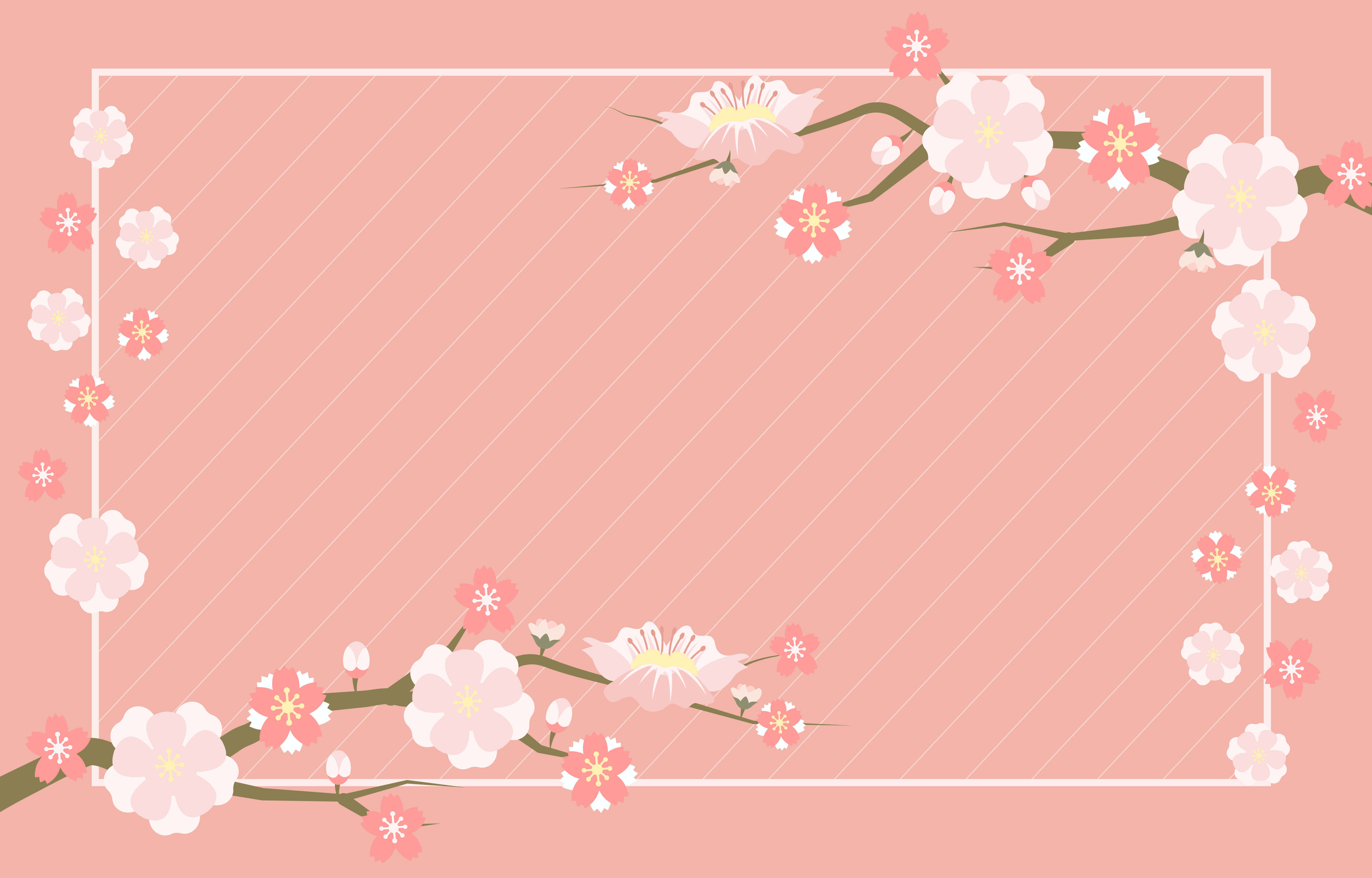 Simple Pink 桌布 壁紙 — 粉紅櫻花枝條框出一個白色邊框的空間，背景是帶有對角線的柔和粉紅色。