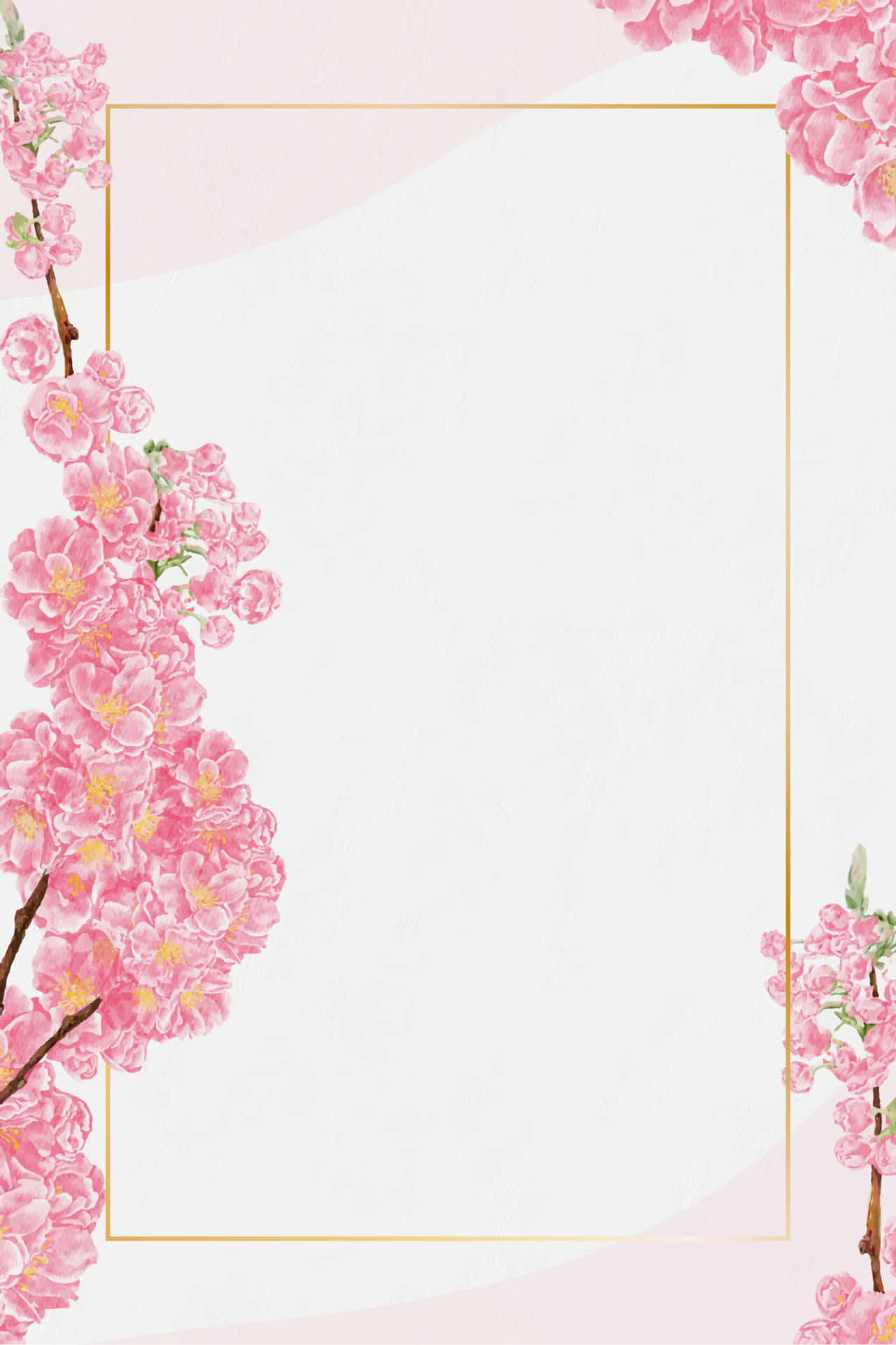 Pink Cherry Blossom 桌布 壁紙 — 粉紅櫻花框住一個金色邊框的空間，背景是柔和粉彩。