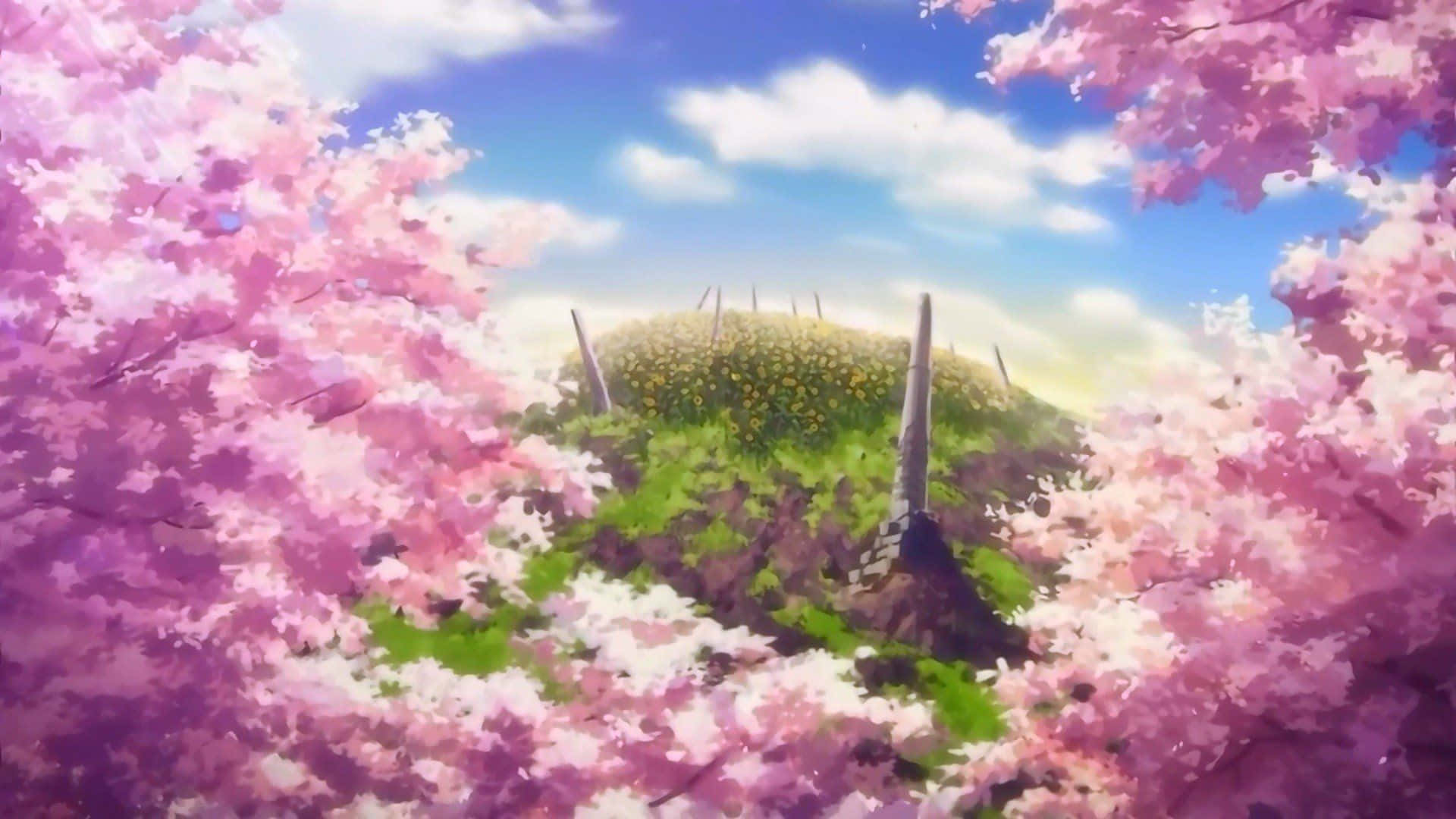 Pink Anime 桌布 壁紙 — 粉紅櫻花框住一個陽光明媚的山丘，上面有黃色花朵和古老石柱，在明亮的藍天下。