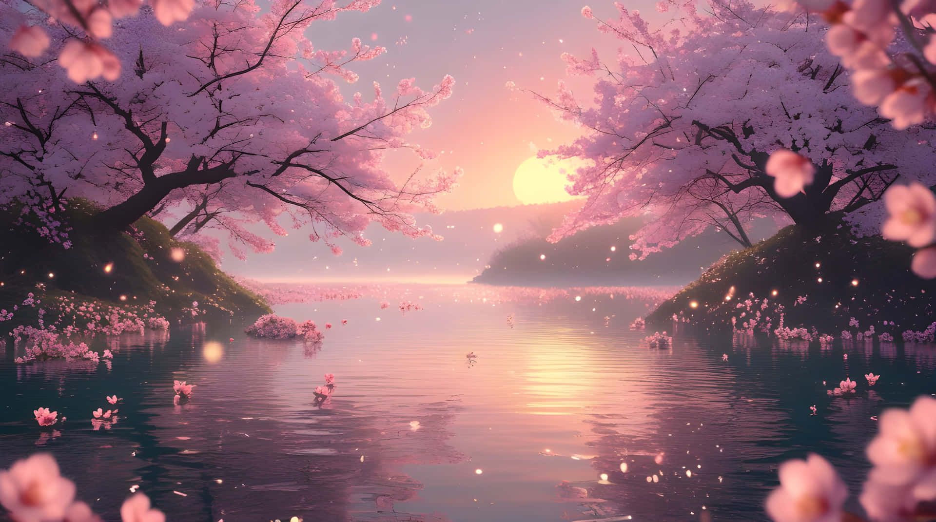 beautiful view of blossoms tree and lake 壁紙 — 粉紅櫻花框住一條寧靜的河流，映照出柔和的金色日落，花瓣漂浮。