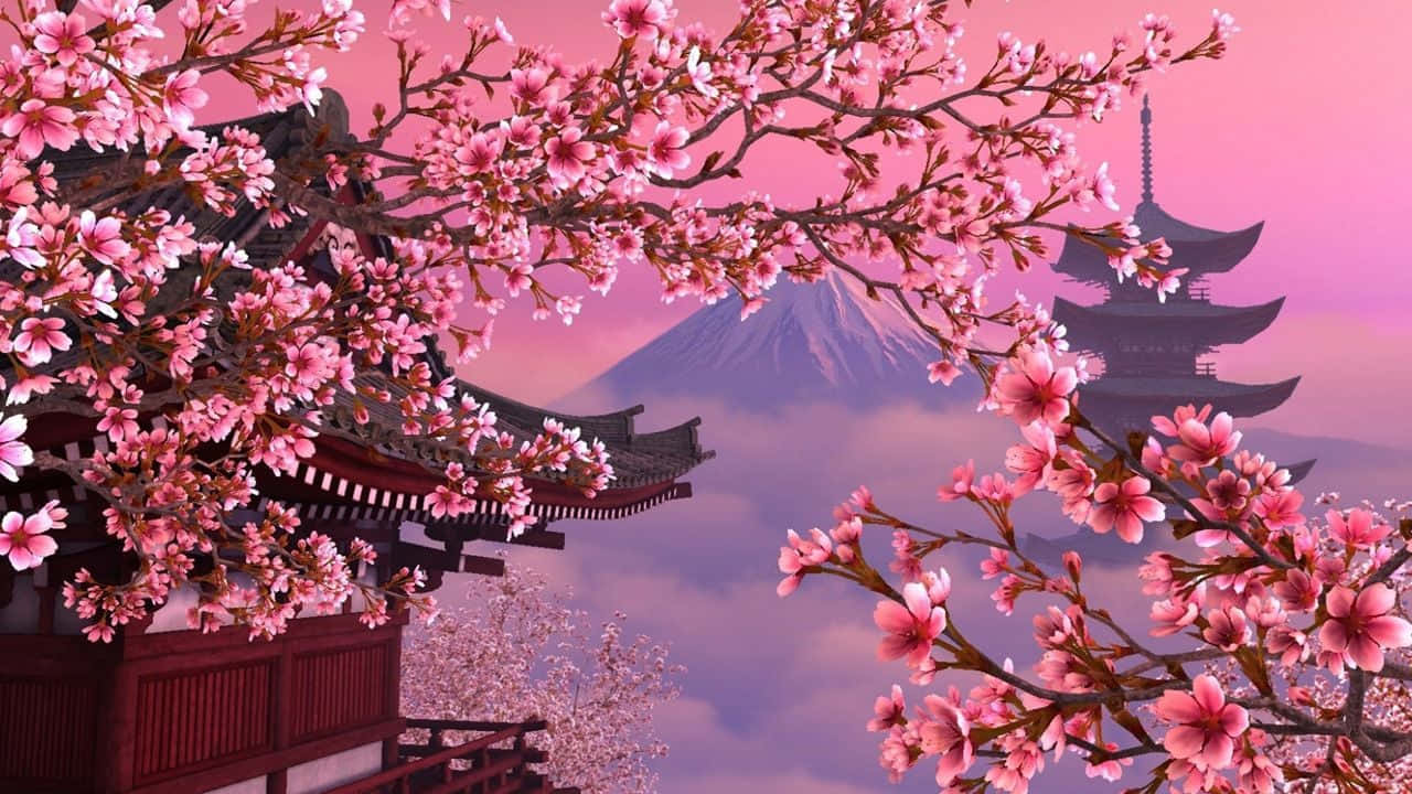 櫻花 桌布 壁紙 — 粉紅櫻花框住傳統日本寺廟，背景是柔和的粉紅天空和遠處的富士山。