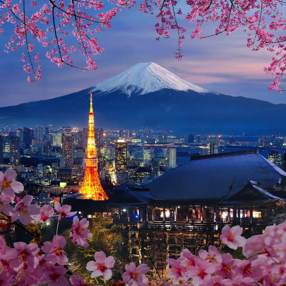 Tokyo Japan 桌布 壁紙 — 粉紅櫻花框住東京鐵塔在富士山和城市景觀背景下閃耀的黃昏景色。