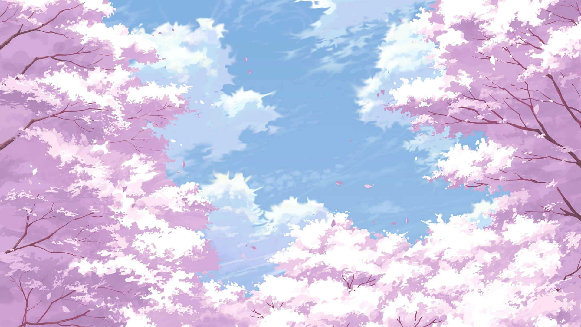 Anime Cherry Blossom 桌布 壁紙 — 粉紅櫻花襯托著明亮藍天，有蓬鬆白雲和飄落的花瓣。