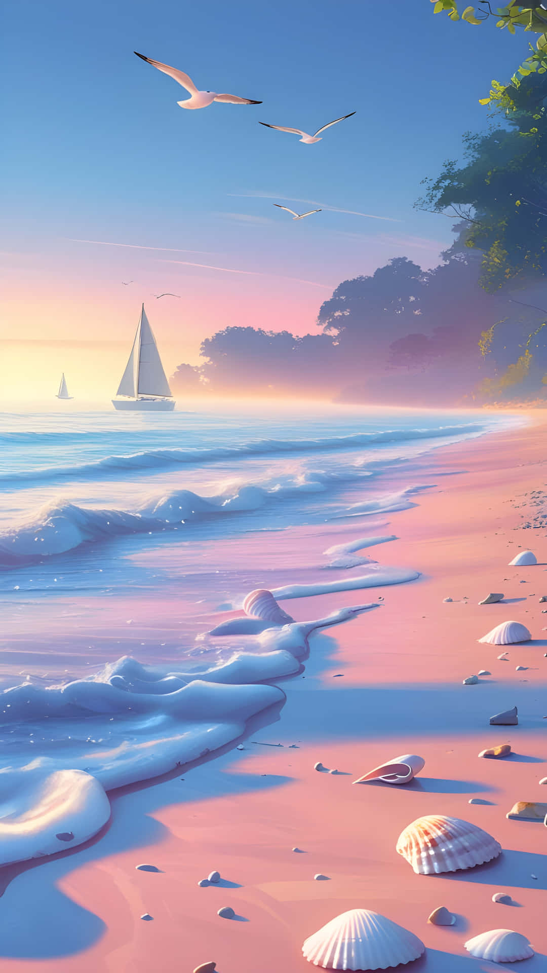 A beautiful sea beach art 壁紙 — 粉紅沙灘日出時分，溫柔海浪、貝殼和帆船，在粉彩天空下飛翔的海鷗。