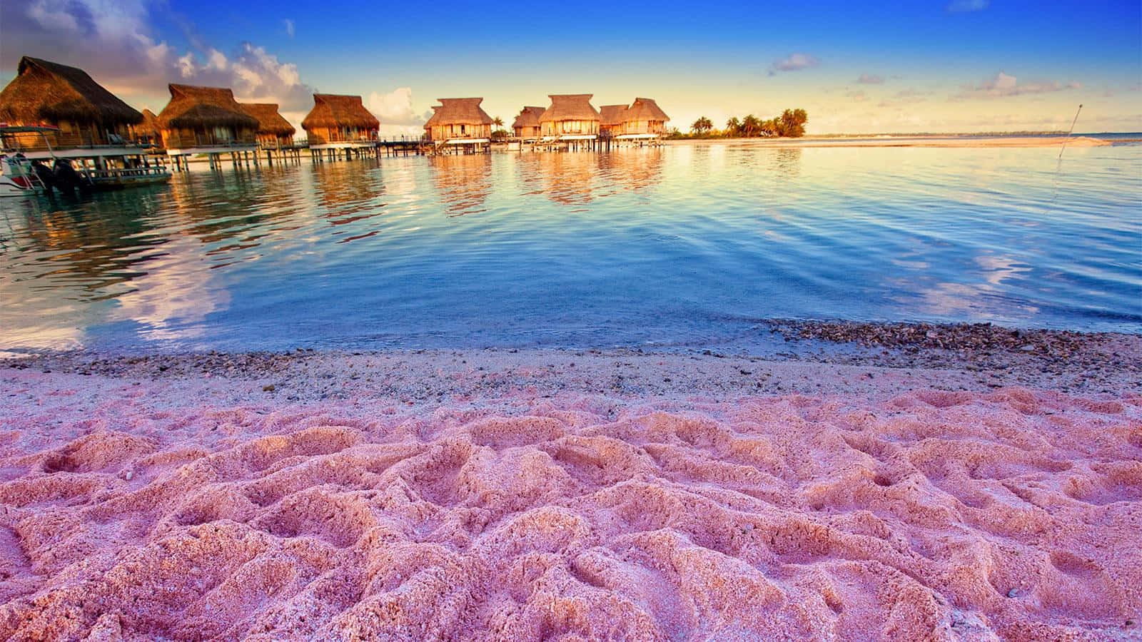 Pink Sand Beach 桌布 壁紙 — 粉紅沙灘遇上碧綠潟湖，水上小屋在金色日落中。