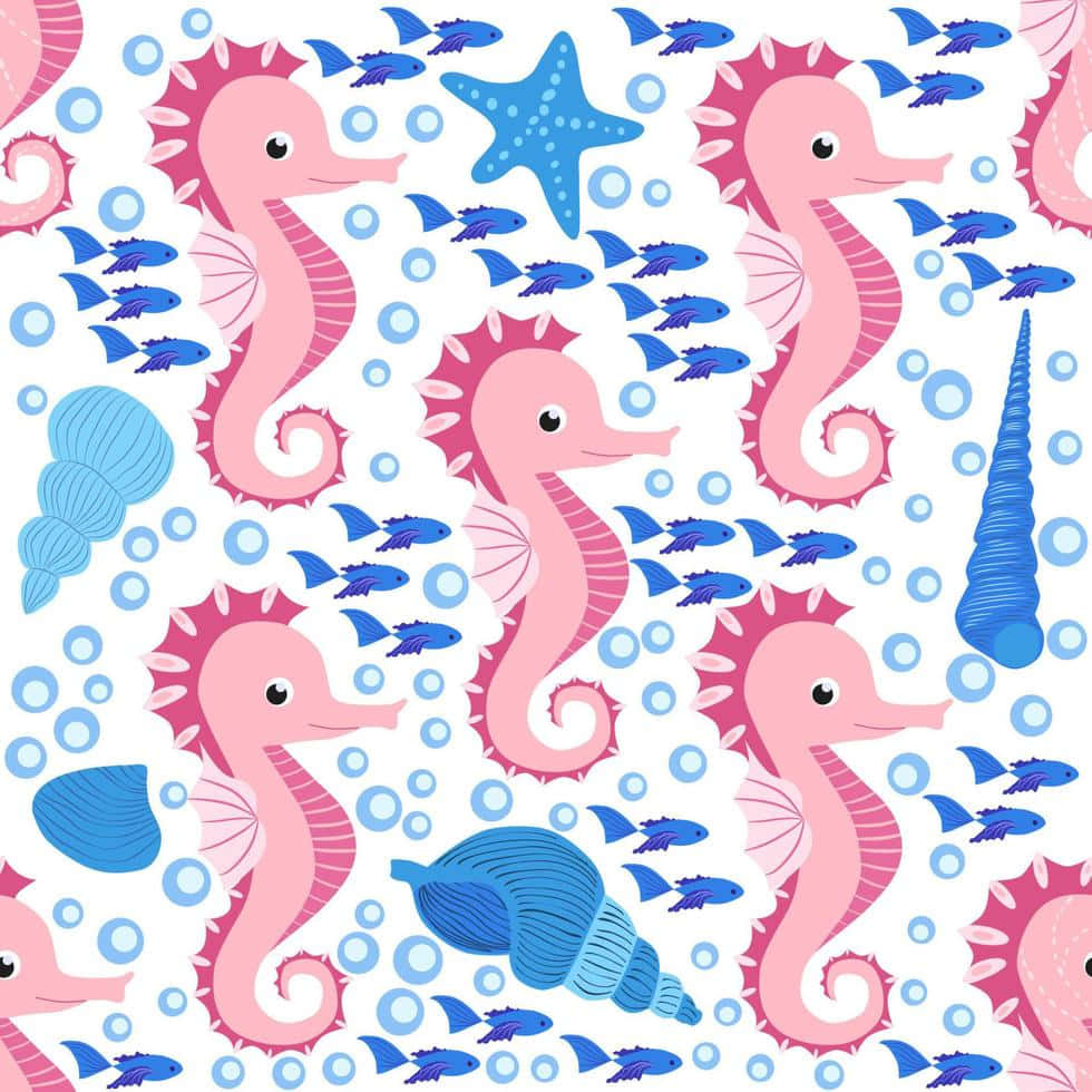 海馬 桌布 壁紙 — 粉紅海馬和藍色魚在氣泡和貝殼中游動，形成歡樂的水下圖案。