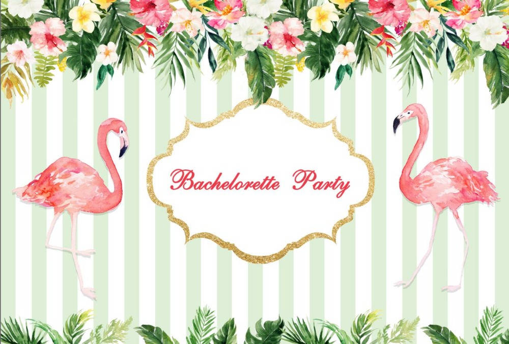 Bachelorette 桌布 壁紙 — 粉紅火烈鳥兩側襯托著一個金色邊框的「Bachelorette Party」標誌，背景是薄荷綠和白色條紋，配以熱帶花卉和葉子。