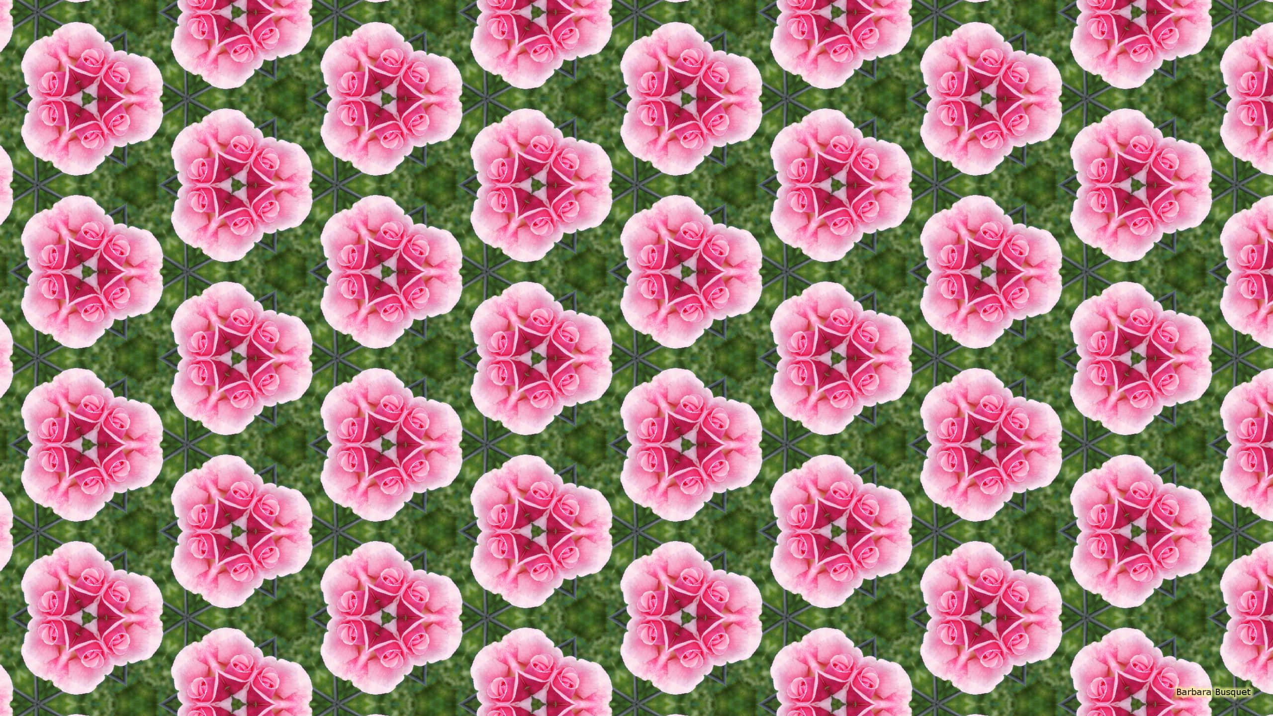 Rose Pattern 桌布 壁紙 — 粉紅玫瑰以重複幾何圖案排列在綠色草地背景上。