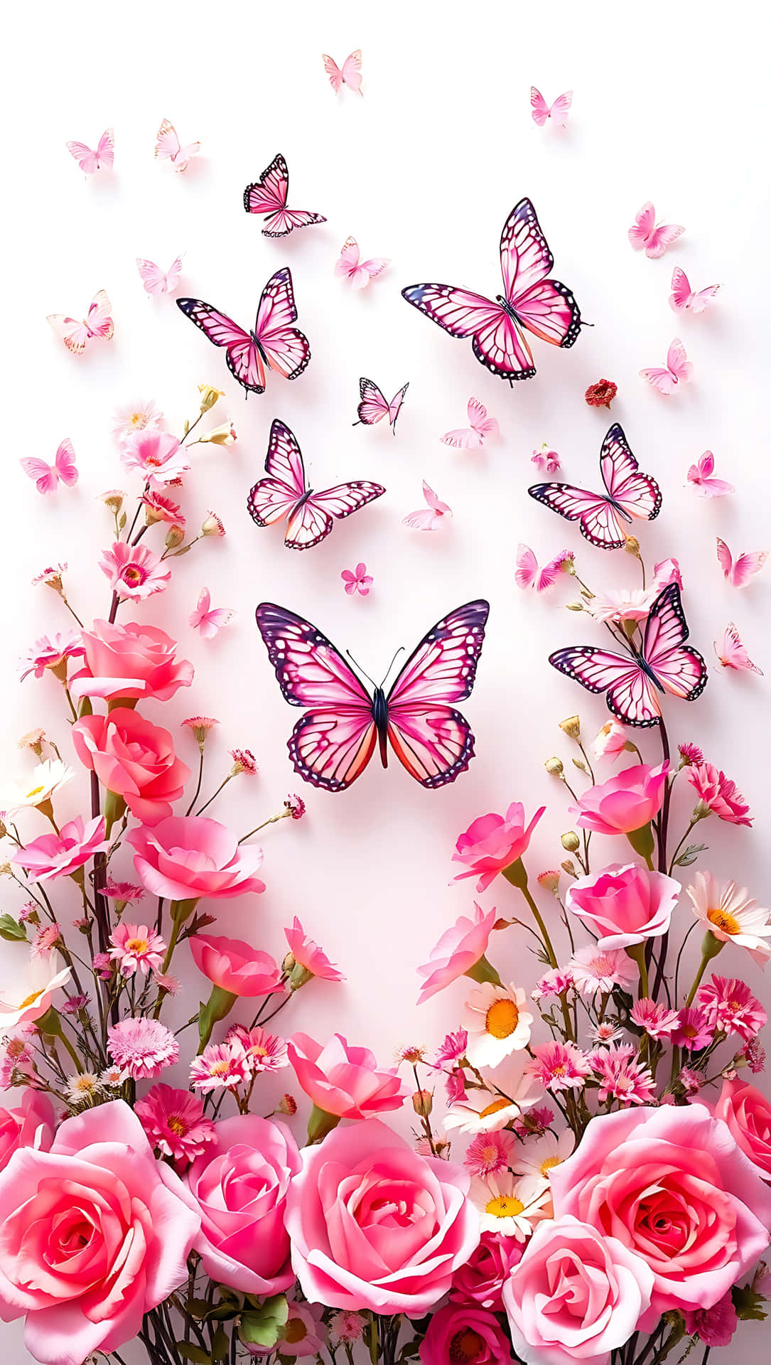 Love Symphony: Flowers and Butterflies smartphone wallpaper 壁紙 — 粉紅玫瑰和各式花卉圍繞著一群鮮豔的粉紅蝴蝶，背景是柔和的白色。
