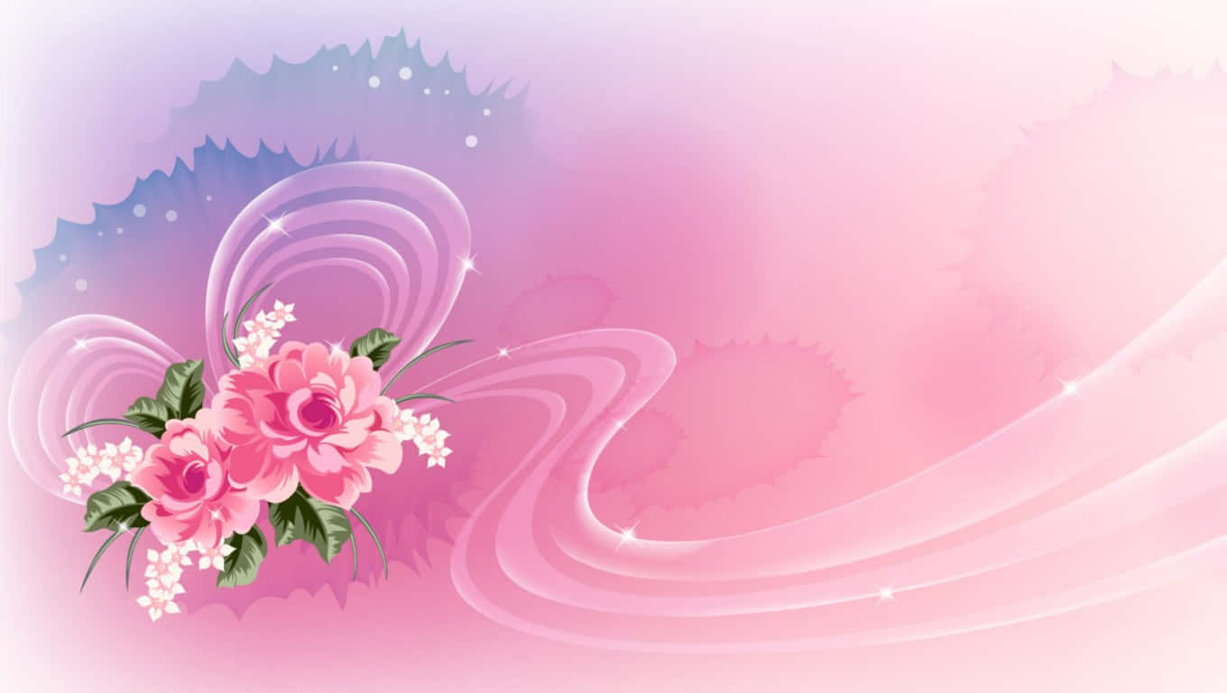 Pink Flowers 桌布 壁紙 — 粉紅玫瑰和白色花朵在柔和的漸變背景上，與旋轉的粉彩絲帶一起漂浮。