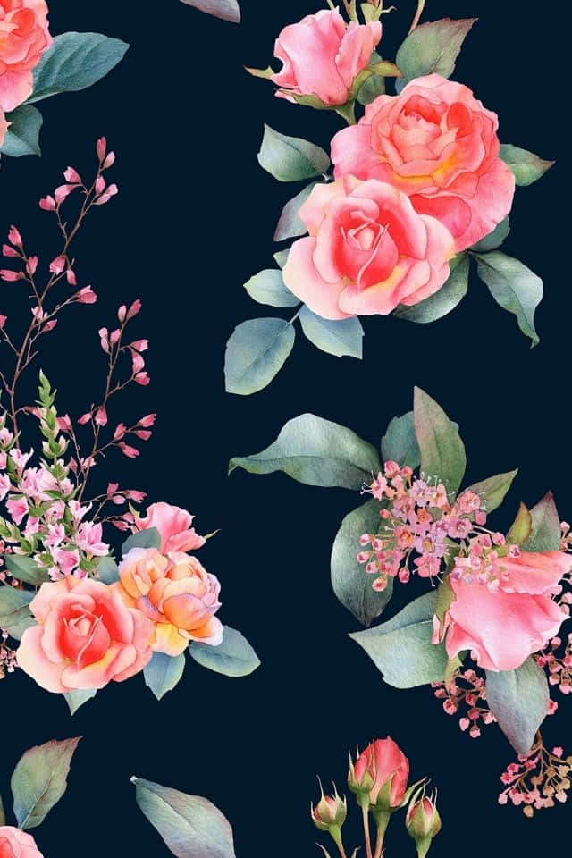 iPhone Flower 桌布 壁紙 — 粉紅玫瑰和精緻的花朵在深藍色背景上以柔和的水彩風格優雅地漂浮。