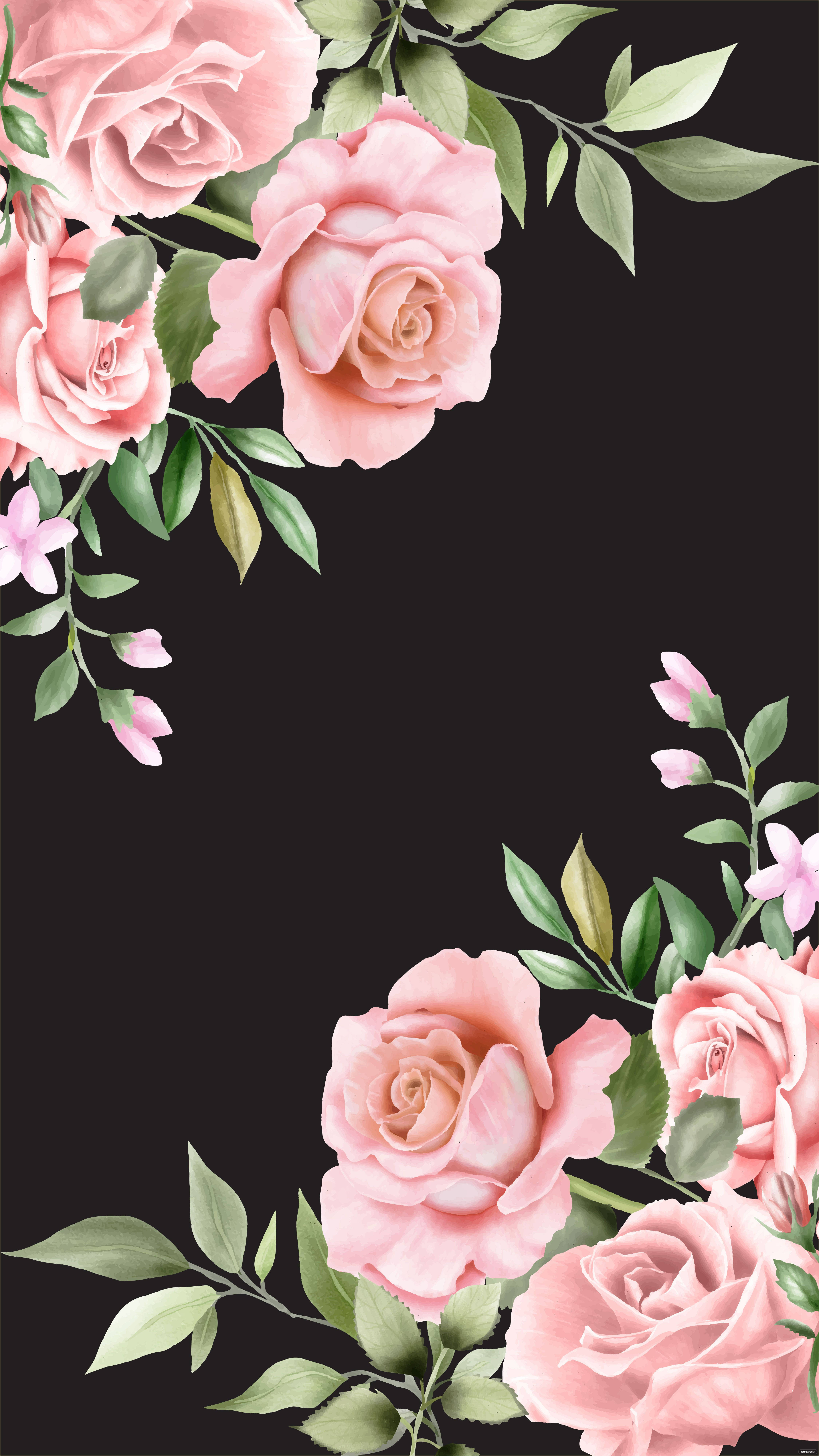 Floral Phone 桌布 壁紙 — 粉紅玫瑰和綠葉以精緻的水彩風格優雅地襯托黑色背景。