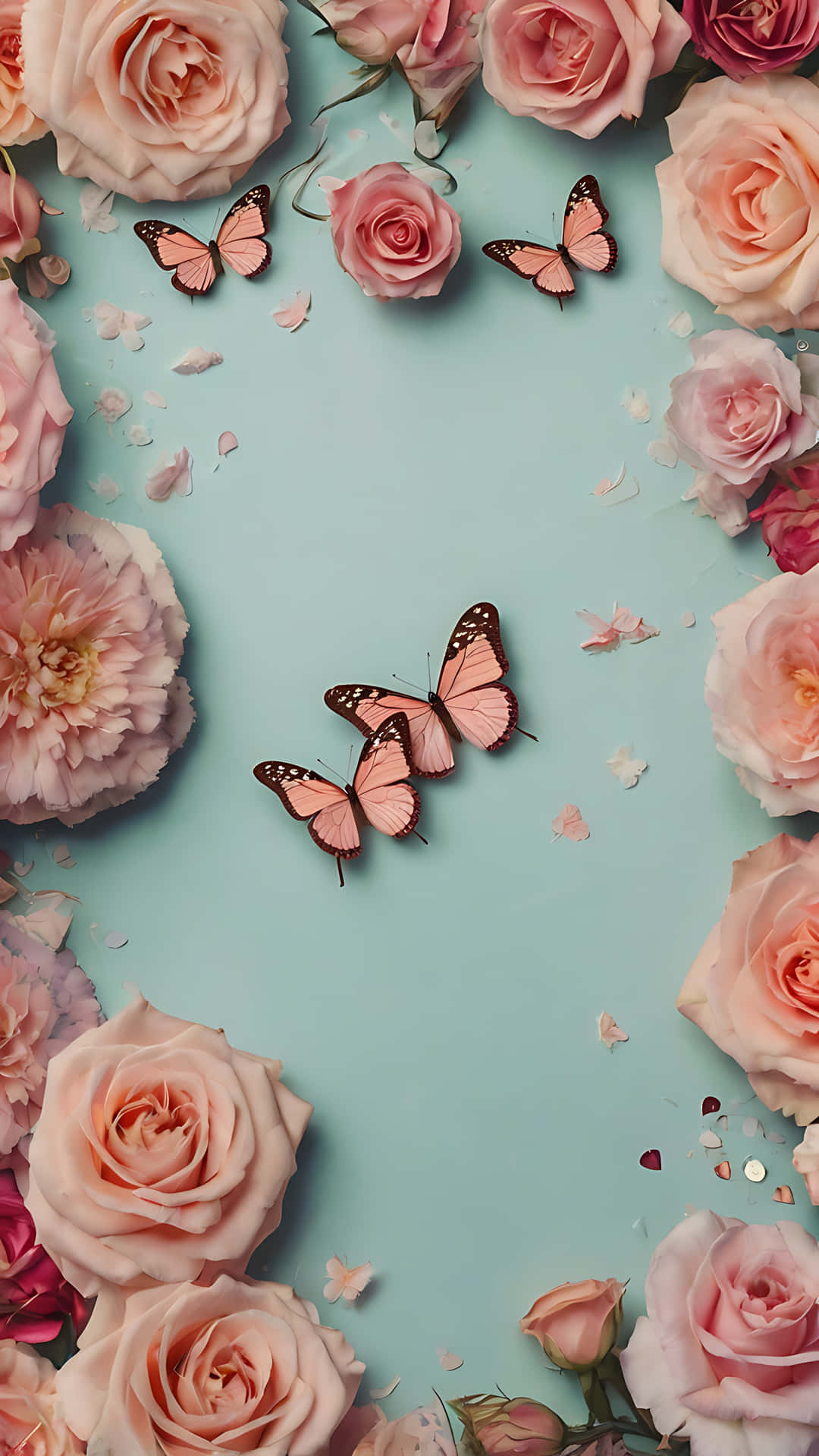 Valentine's Day Love Sign with Butterflies wallpaper 壁紙 — 粉紅玫瑰和蝴蝶框住柔和的青綠色背景，散落著花瓣和亮粉。