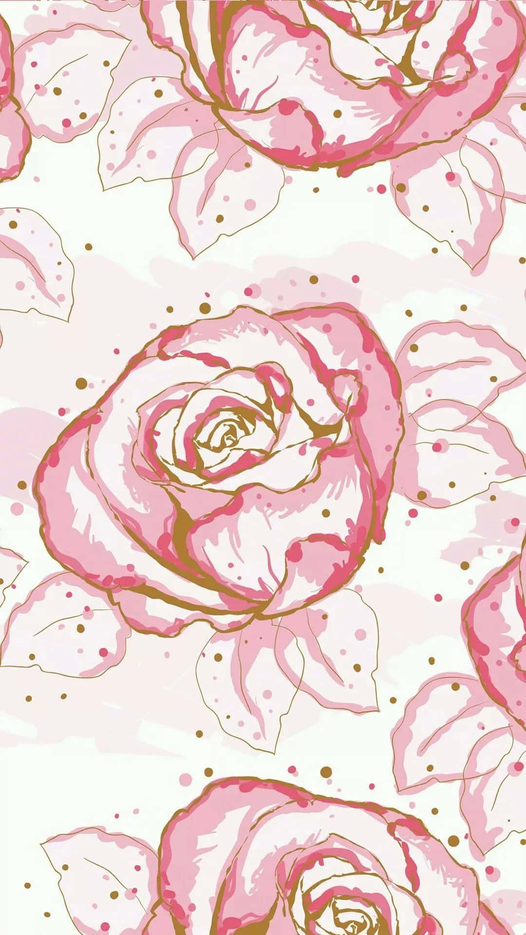 Lilly Pulitzer iPhone 桌布 壁紙 — 粉紅玫瑰帶有棕色輪廓和金色斑點，在柔和的奶油色背景上以重複圖案綻放。
