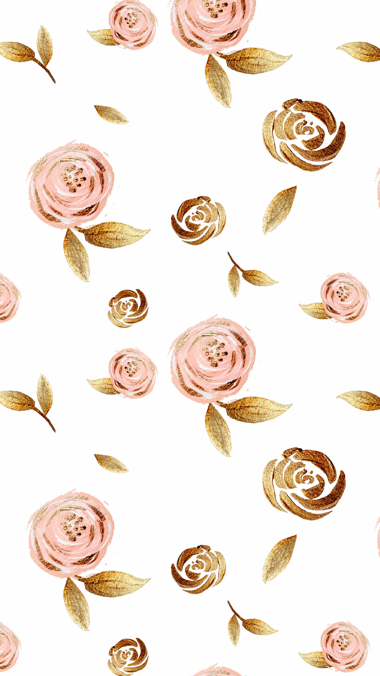Pink Flowers 桌布 壁紙 — 粉紅玫瑰與金色葉片在潔白背景上以細膩水彩風格優雅飄浮。