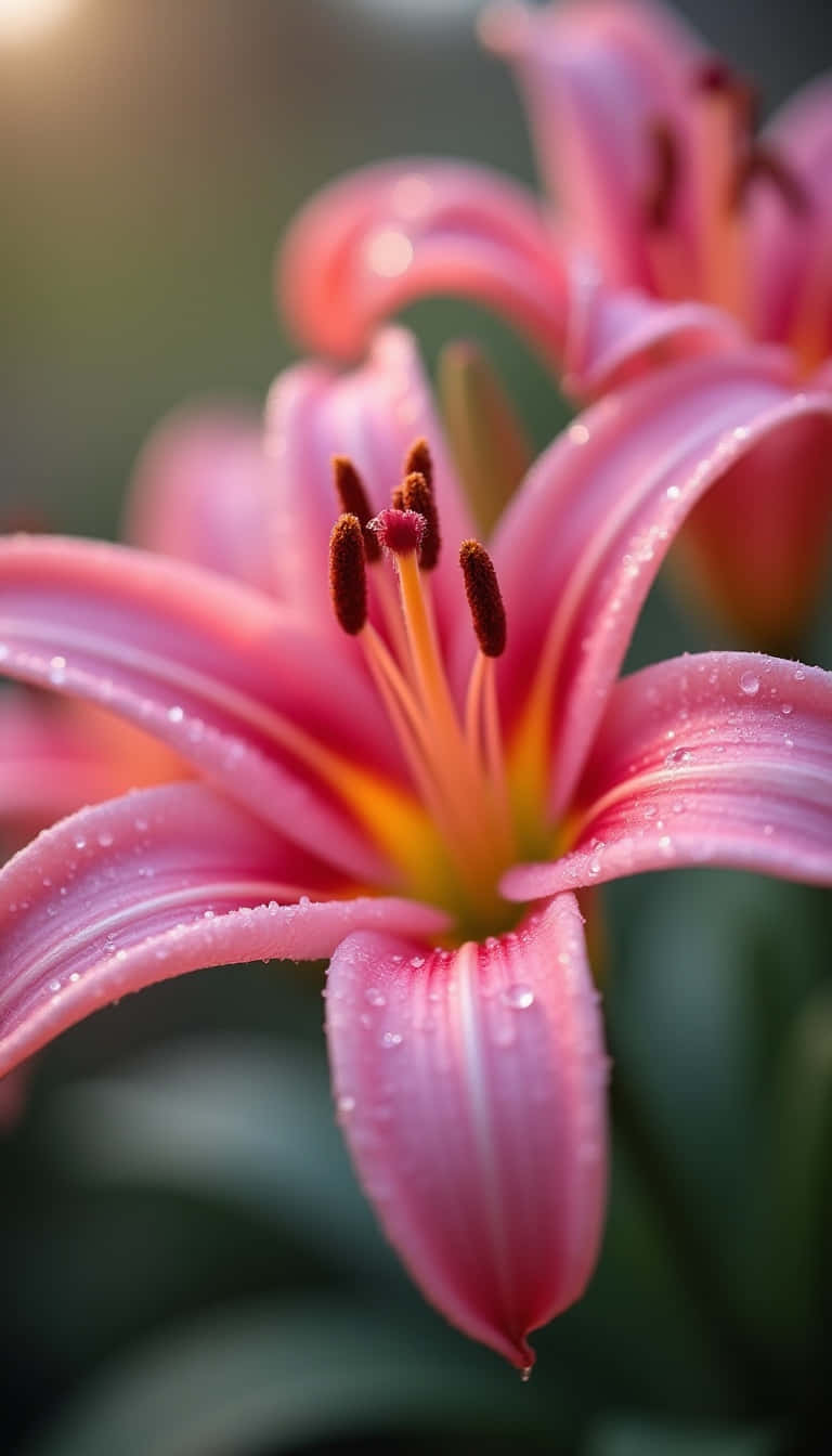 Flower 壁紙 — 粉紅百合的特寫，花瓣上閃爍著露珠，背景是柔和模糊的綠色。