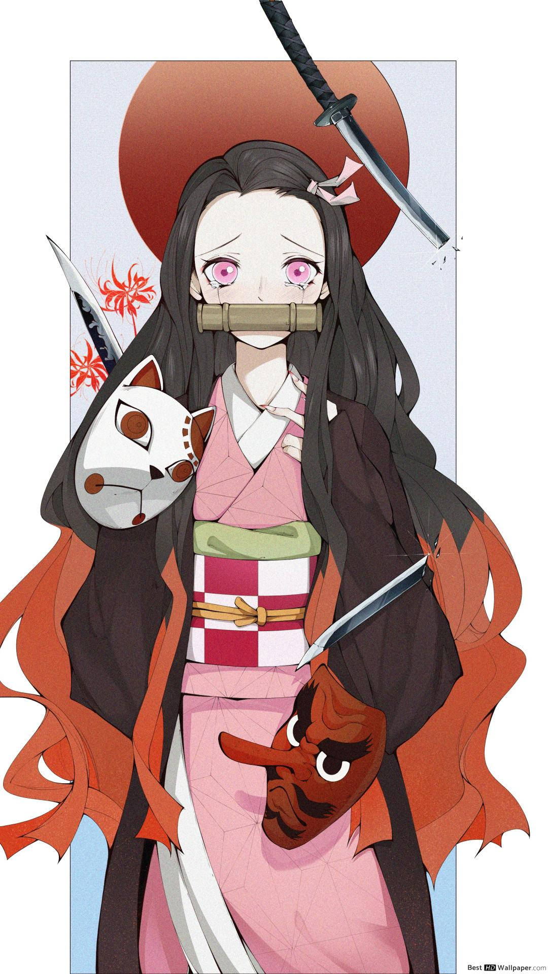 穿著和服的動漫戰士少女，在紅日下手持狐狸面具和刀。