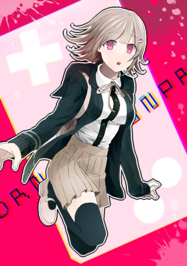 Chiaki 桌布 壁紙 — 粉紅眼睛、金髮的動漫女孩穿著校服，在帶有白色十字架和故障文字的鮮豔粉紅色背景上跳躍。