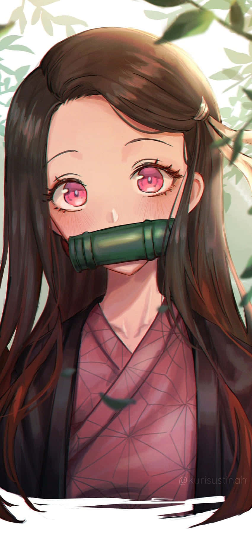 動漫女孩 桌布 壁紙 — 粉紅眼睛、長棕髮的動漫女孩戴著竹製口塞，被綠葉環繞。
