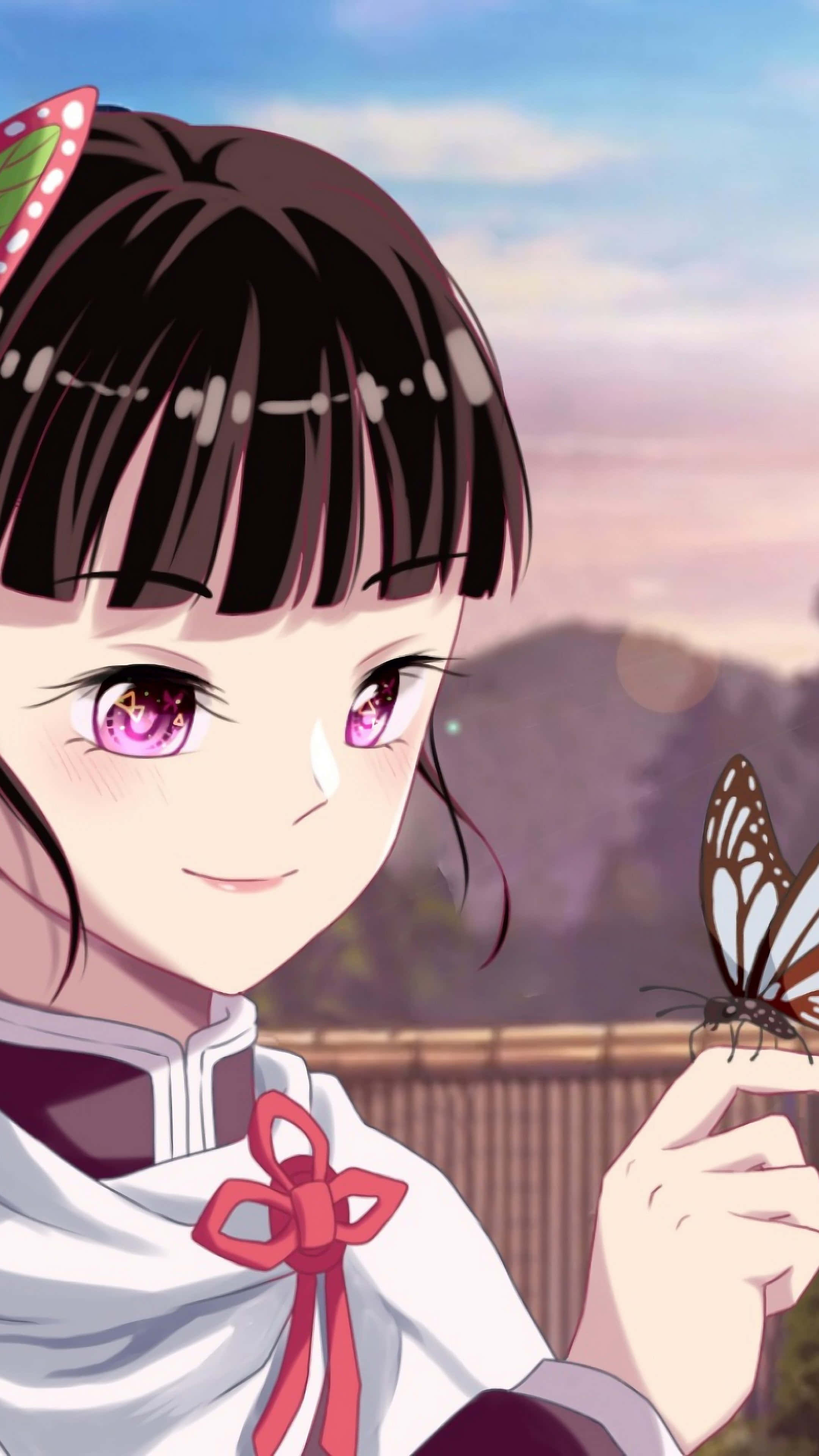 Demon Slayer Kanao 桌布 壁紙 — 粉紅眼睛的動漫女孩在柔和的夕陽天空下輕輕捧著一隻蝴蝶。