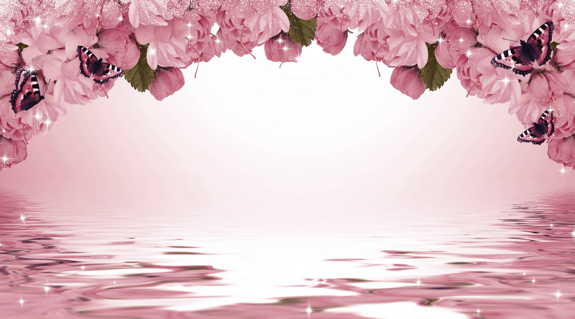 粉紅繡球花和蝴蝶在平靜的水面上閃爍飄浮。 — 蝴蝶美學 GIF 壁紙