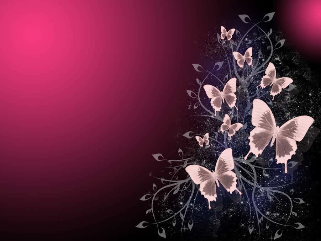 Cool Butterfly 桌布 壁紙 — 粉紅與黑色漸變背景，襯托優雅的白色蝴蝶和纏繞的藤蔓，點綴閃爍星星。