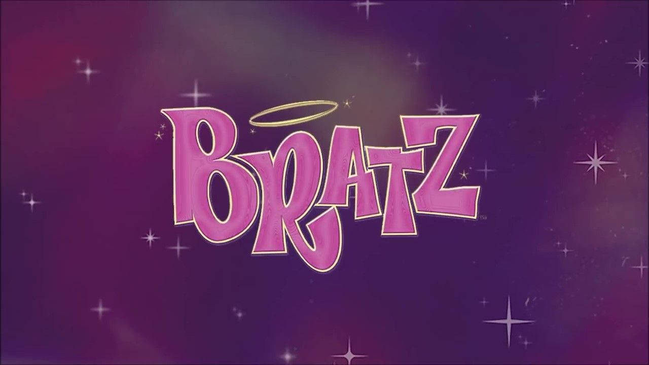 Y2K 桌布 壁紙 — 粉紅色 Bratz 標誌帶有金色光環，漂浮在閃爍的紫色星空背景上。