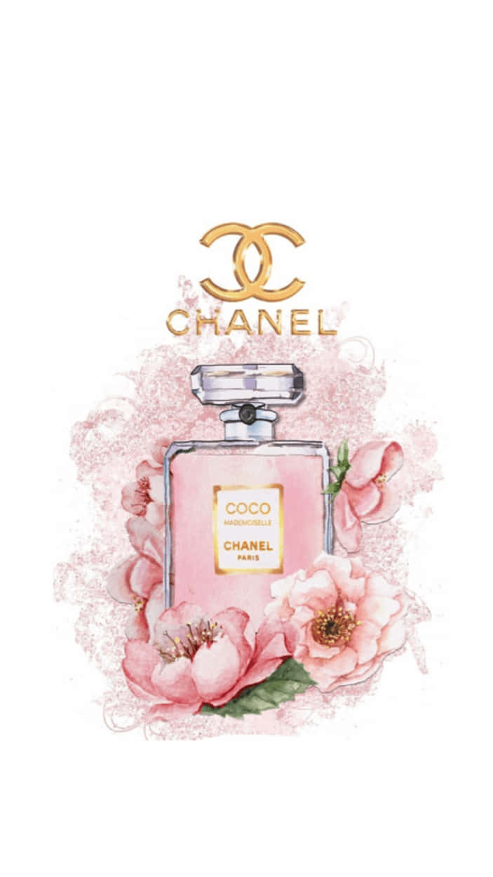 桌布 壁紙 — 粉紅色 Chanel Coco Mademoiselle 香水瓶，周圍環繞著盛開的粉紅色花朵，採用柔和的水彩風格。