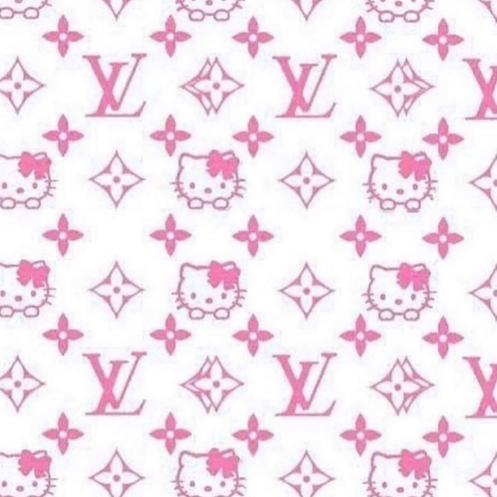 Y2K 美學 桌布 壁紙 — 粉紅色 Hello Kitty 和 Louis Vuitton 字母圖案在乾淨的白色背景上重複。
